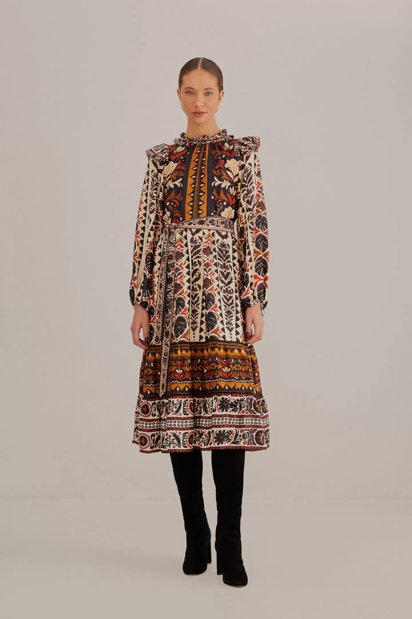 FARM Rio  MULTICOLOR TAPESTRY GARDEN HIGH NECK MIDI DRESS