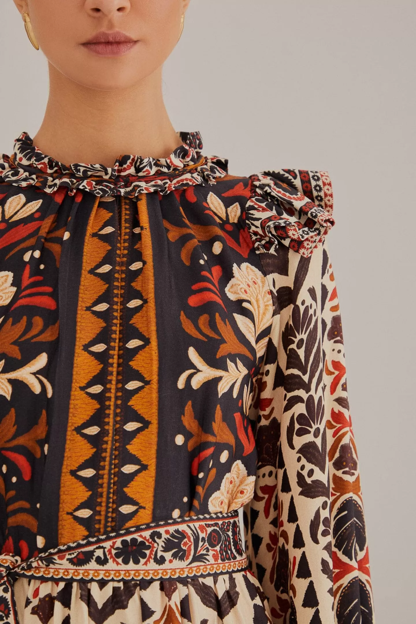 FARM Rio  MULTICOLOR TAPESTRY GARDEN HIGH NECK MIDI DRESS