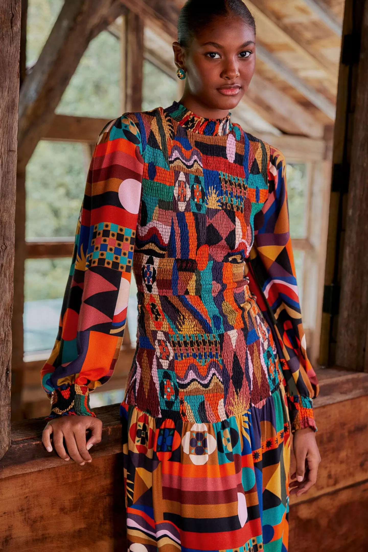 FARM Rio  MULTICOLOR TROPICAL SHAPES LENZING™ ECOVERO™ VISCOSE MIDI DRESS