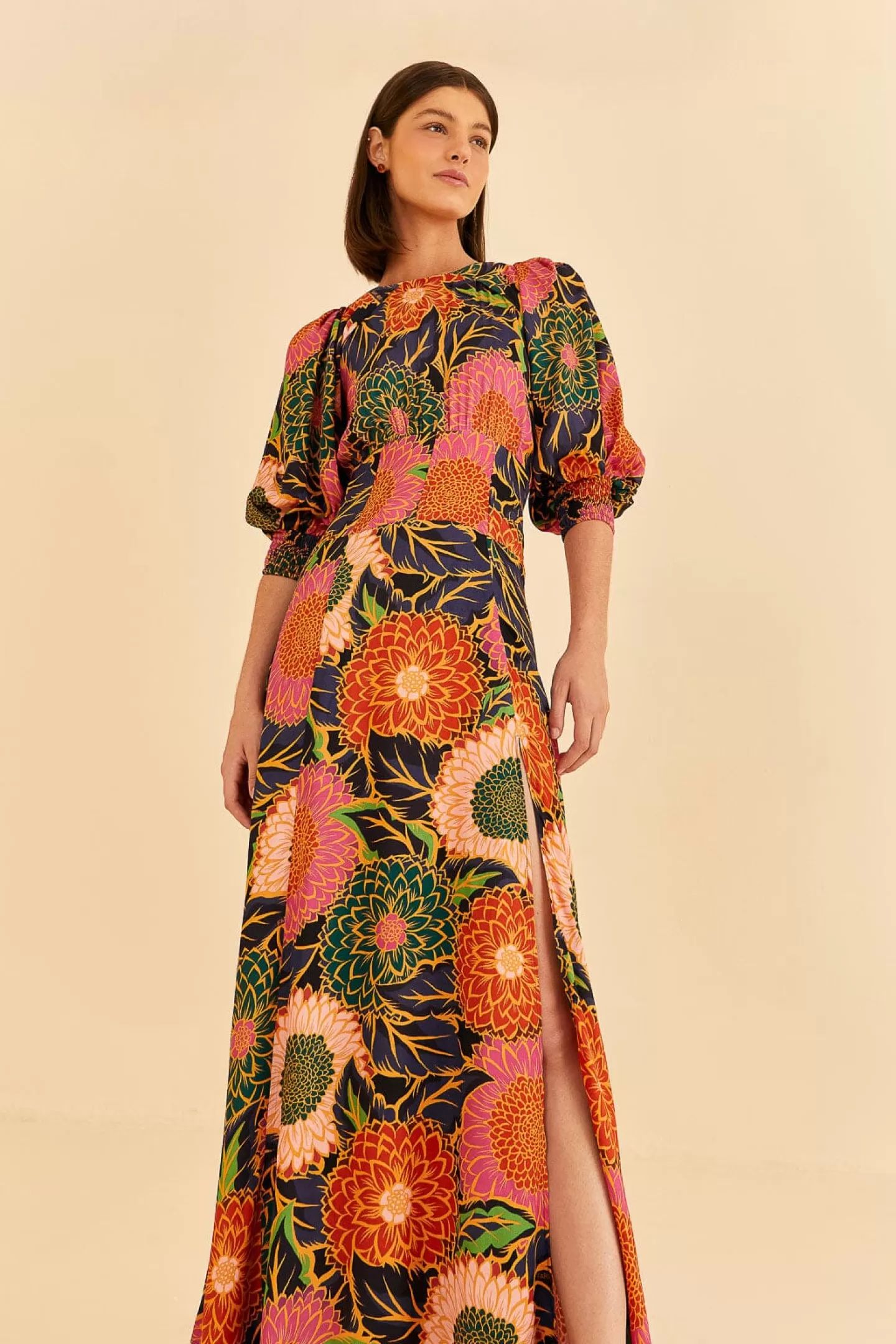 FARM Rio  MULTICOLOR VINTAGE GARDEN PUFF SLEEVE MAXI DRESS