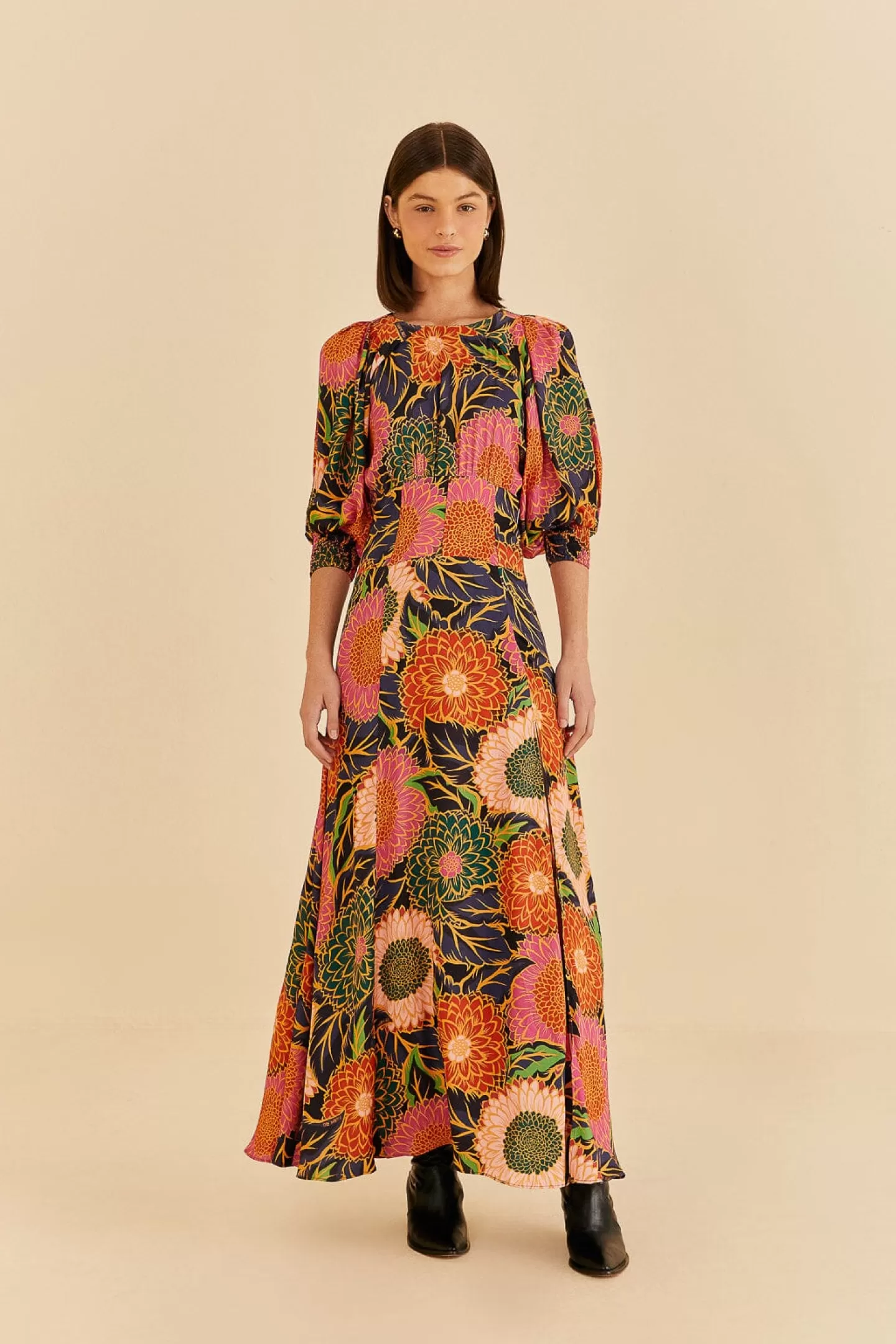 FARM Rio  MULTICOLOR VINTAGE GARDEN PUFF SLEEVE MAXI DRESS