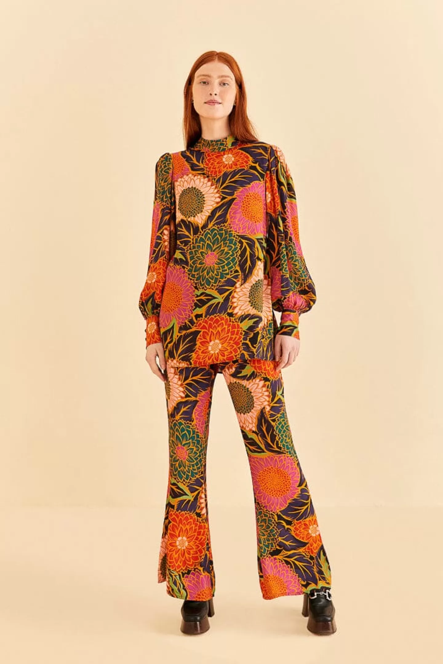 FARM Rio  MULTICOLOR VINTAGE GARDEN SATIN FLARE PANTS