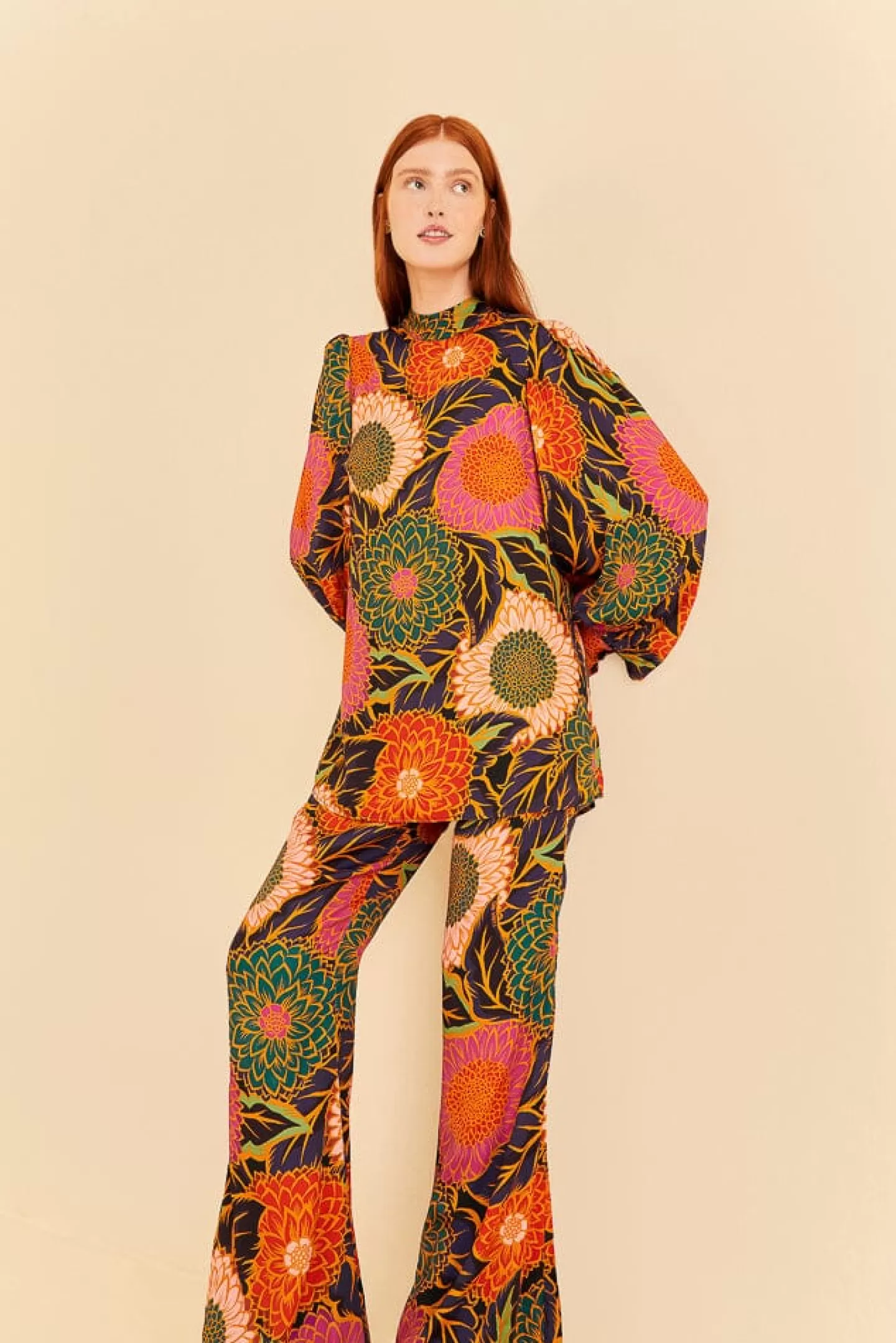FARM Rio  MULTICOLOR VINTAGE GARDEN SATIN FLARE PANTS
