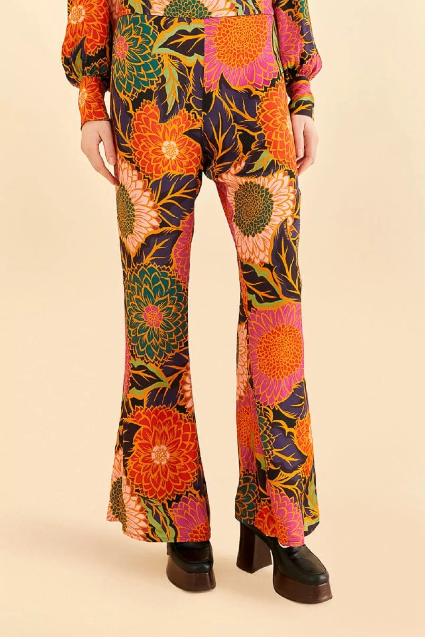 FARM Rio  MULTICOLOR VINTAGE GARDEN SATIN FLARE PANTS