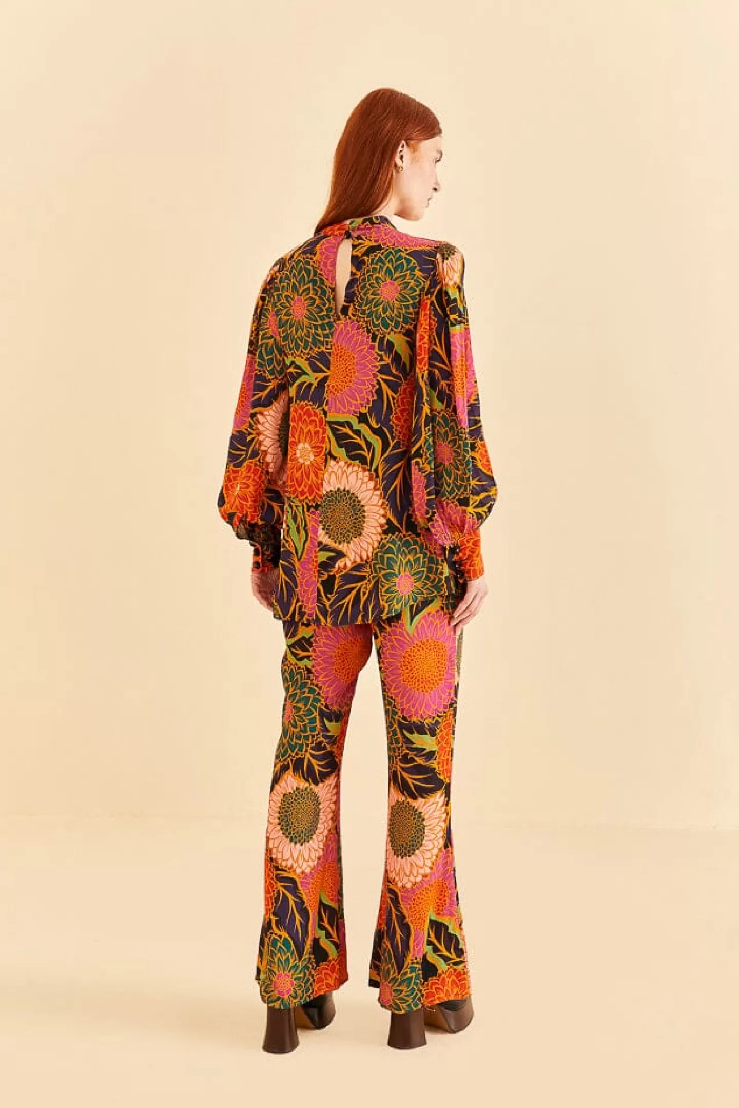 FARM Rio  MULTICOLOR VINTAGE GARDEN SATIN FLARE PANTS
