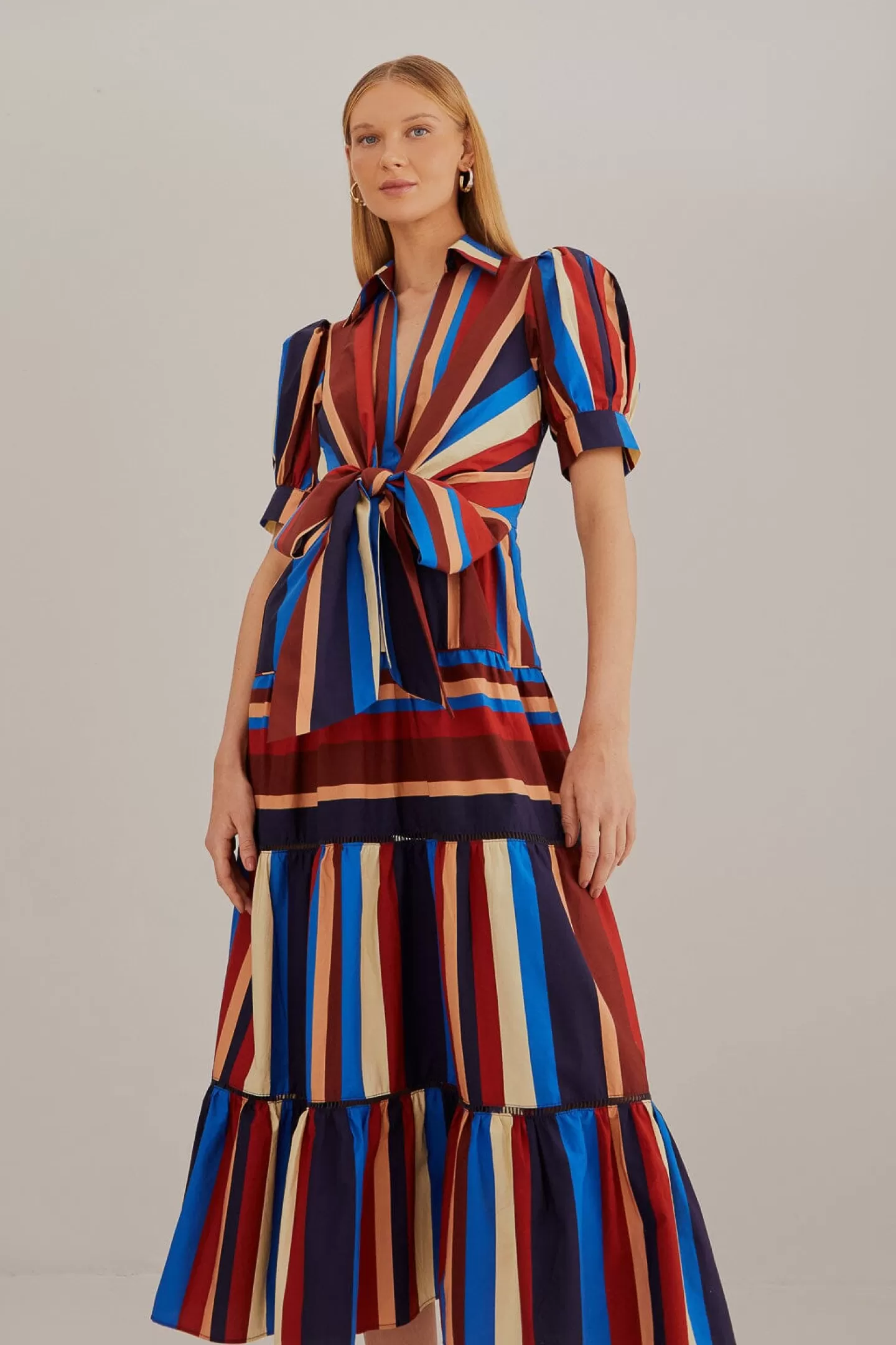 FARM Rio  MULTICOLOR WINTER STRIPES SHORT SLEEVE MIDI DRESS