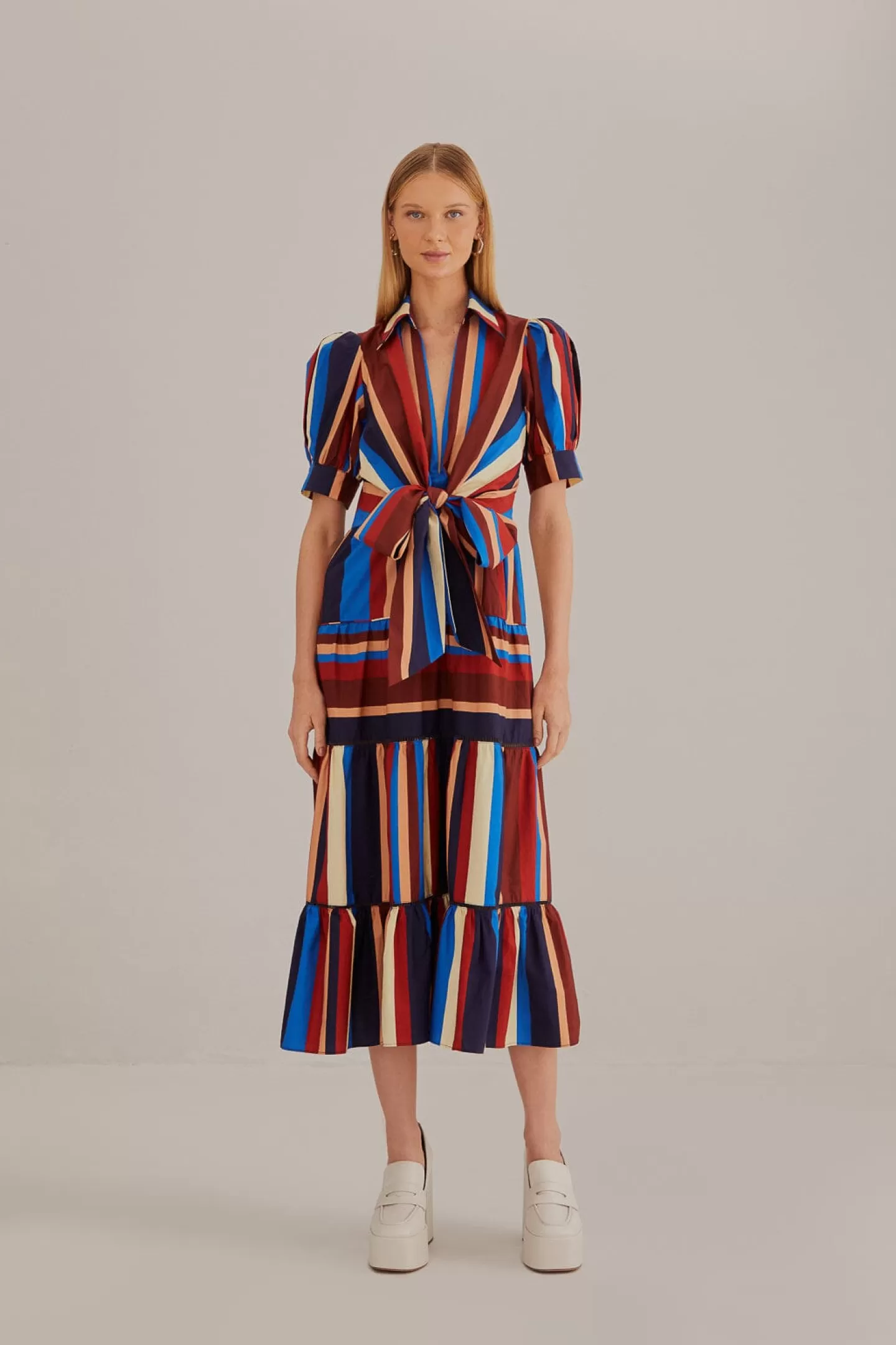 FARM Rio  MULTICOLOR WINTER STRIPES SHORT SLEEVE MIDI DRESS