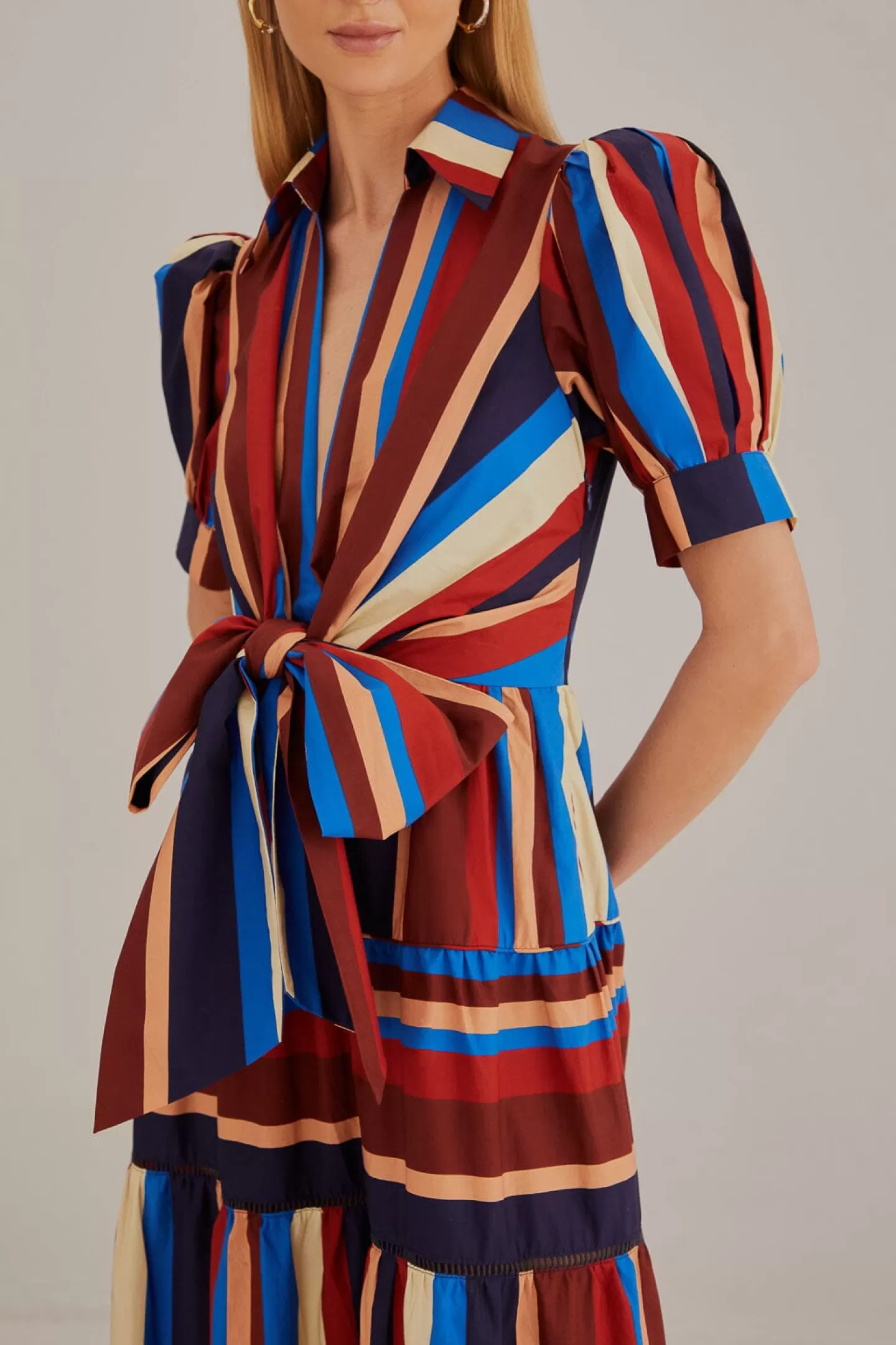 FARM Rio  MULTICOLOR WINTER STRIPES SHORT SLEEVE MIDI DRESS
