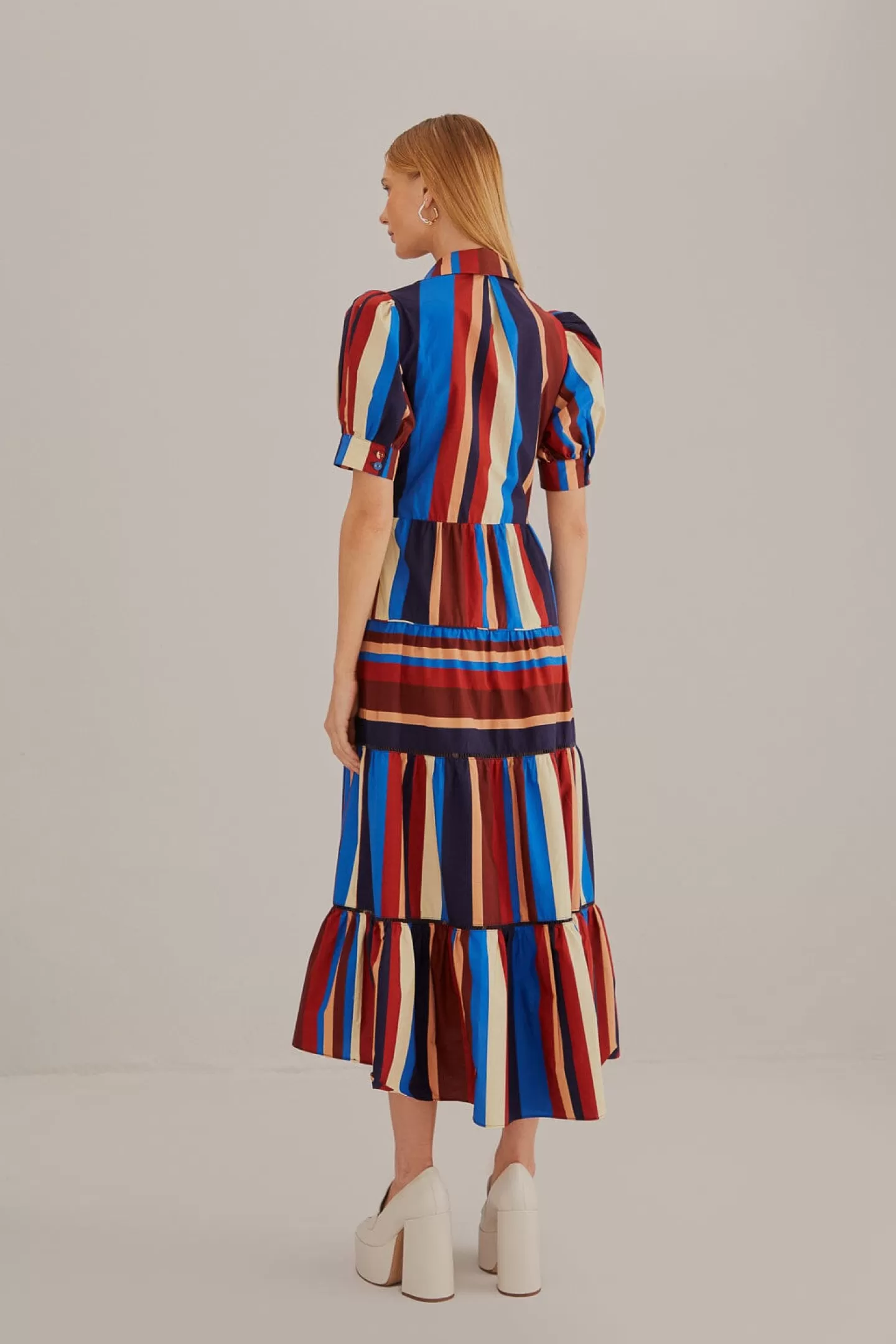 FARM Rio  MULTICOLOR WINTER STRIPES SHORT SLEEVE MIDI DRESS