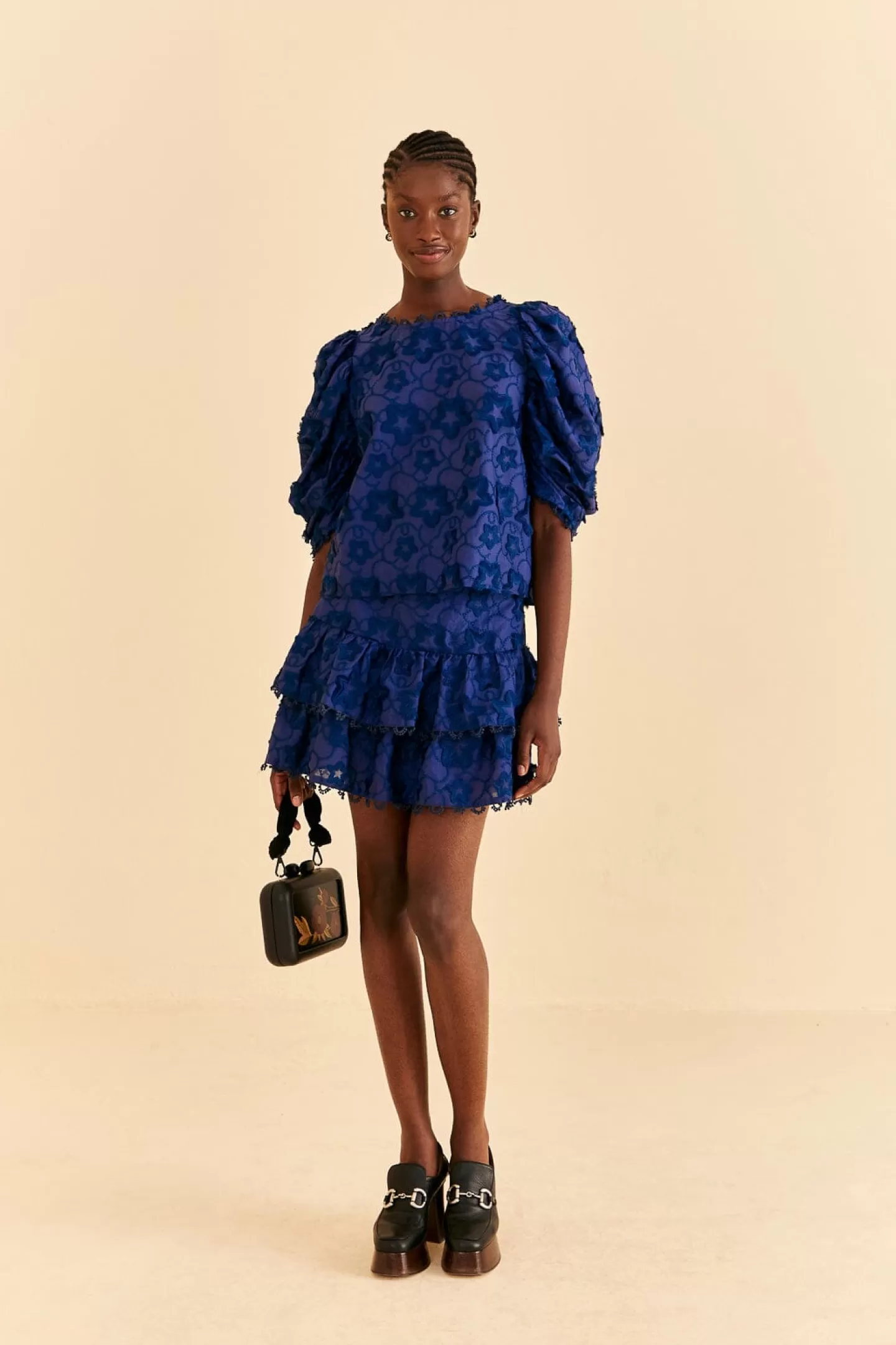 FARM Rio  NAVY BLUE 3D STAR TEXTURE MINI SKIRT