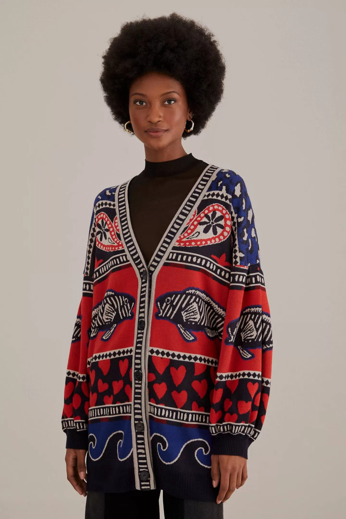 FARM Rio  NAVY MIXED PRINTS KNIT CARDIGAN