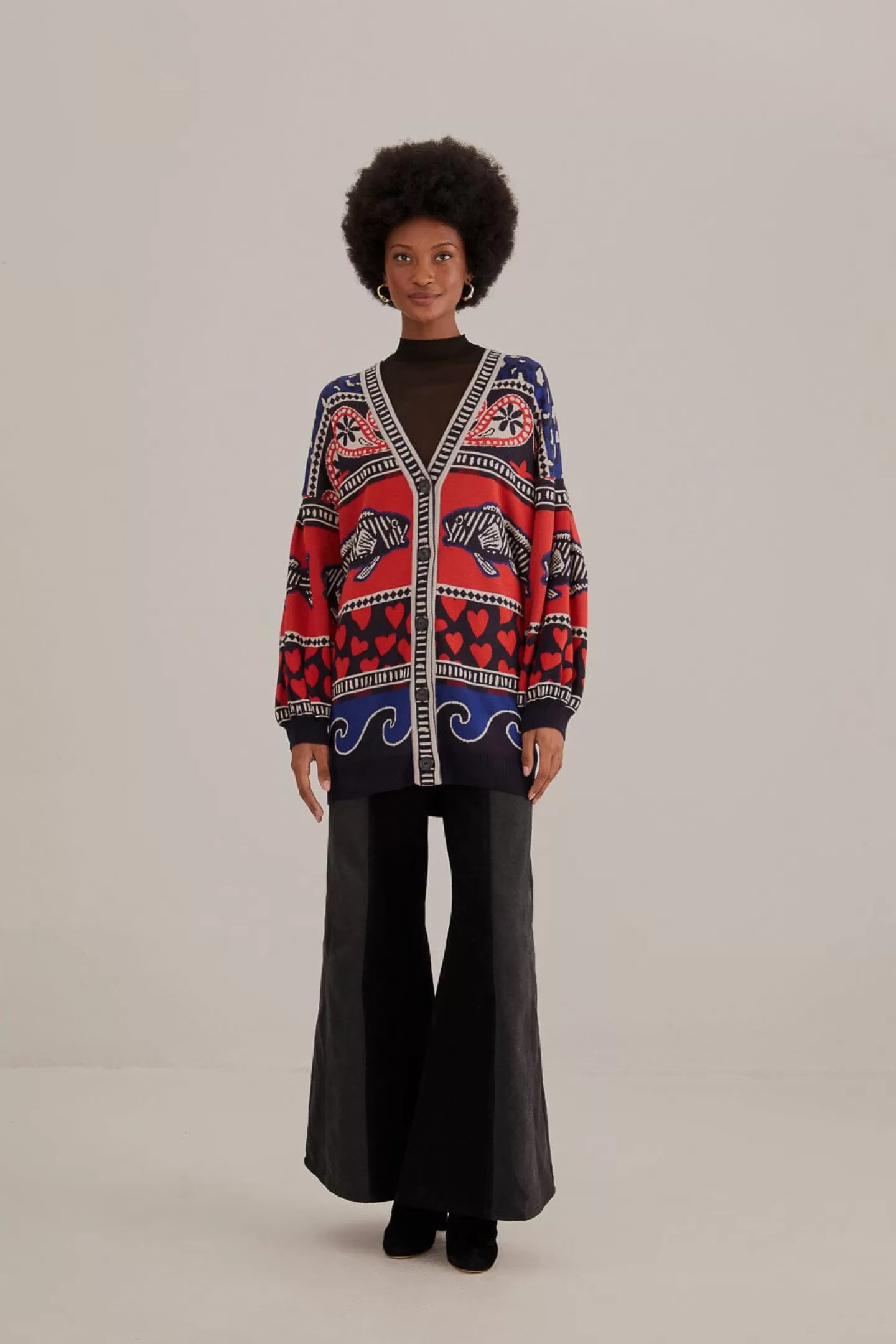 FARM Rio  NAVY MIXED PRINTS KNIT CARDIGAN