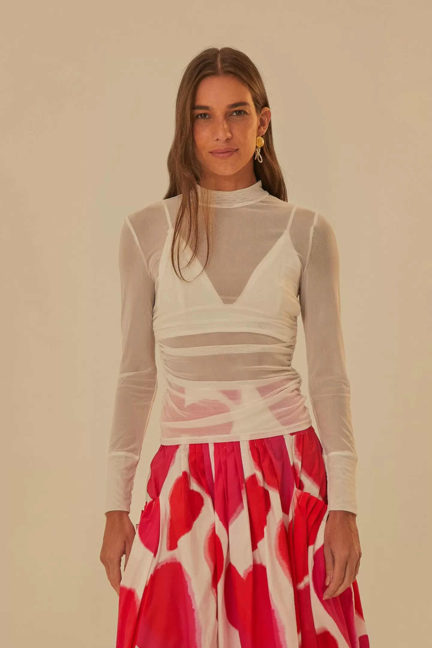FARM Rio  OFF WHITE TULLE LONG SLEEVED BLOUSE