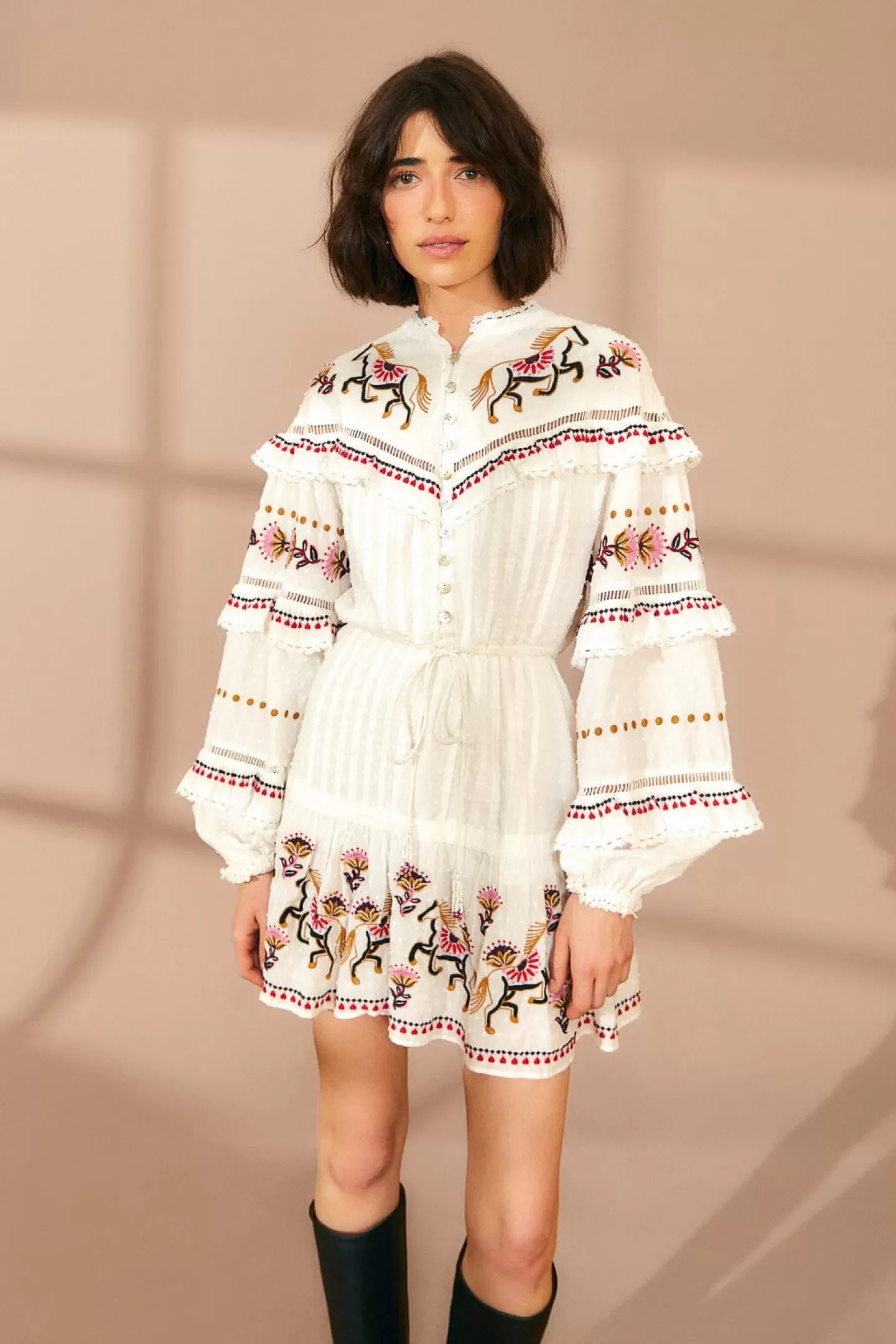 FARM Rio  OFF-WHITE EMBROIDERED HORSES RUFFLE MINI DRESS