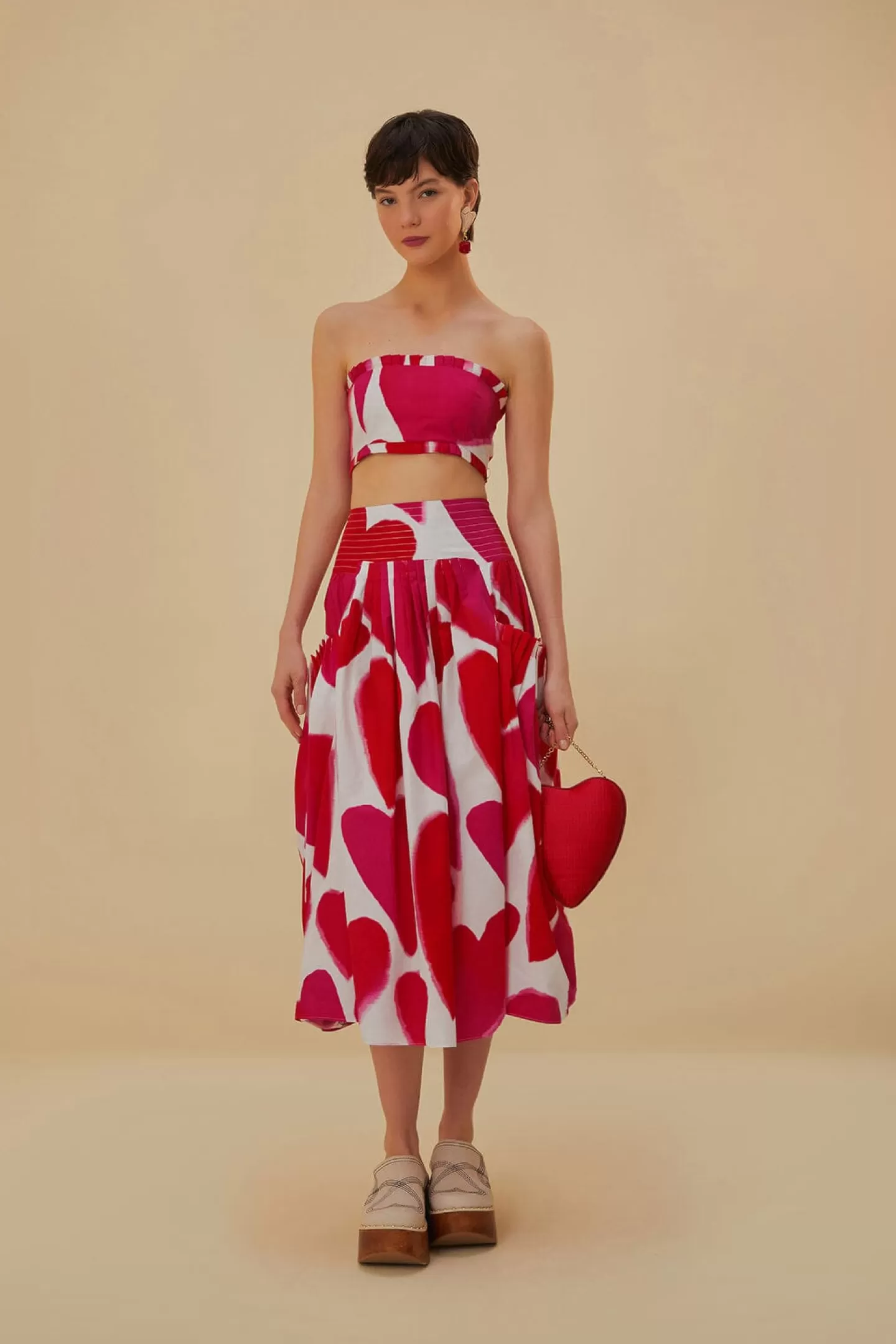 FARM Rio  OFF-WHITE PAINTED HEARTS MIDI SKIRT
