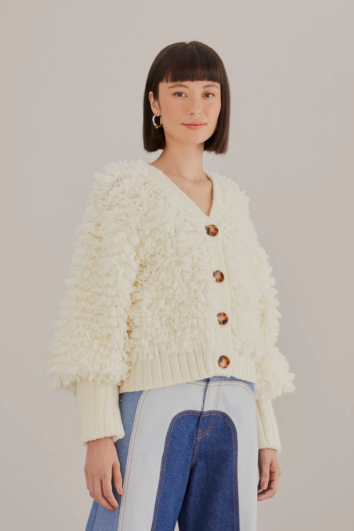 FARM Rio  OFF-WHITE TEXTURED V NECK CARDIGAN