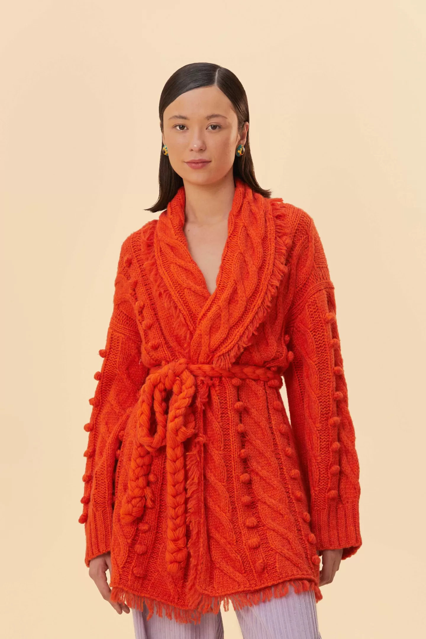 FARM Rio  ORANGE BRAIDED KNIT CARDIGAN
