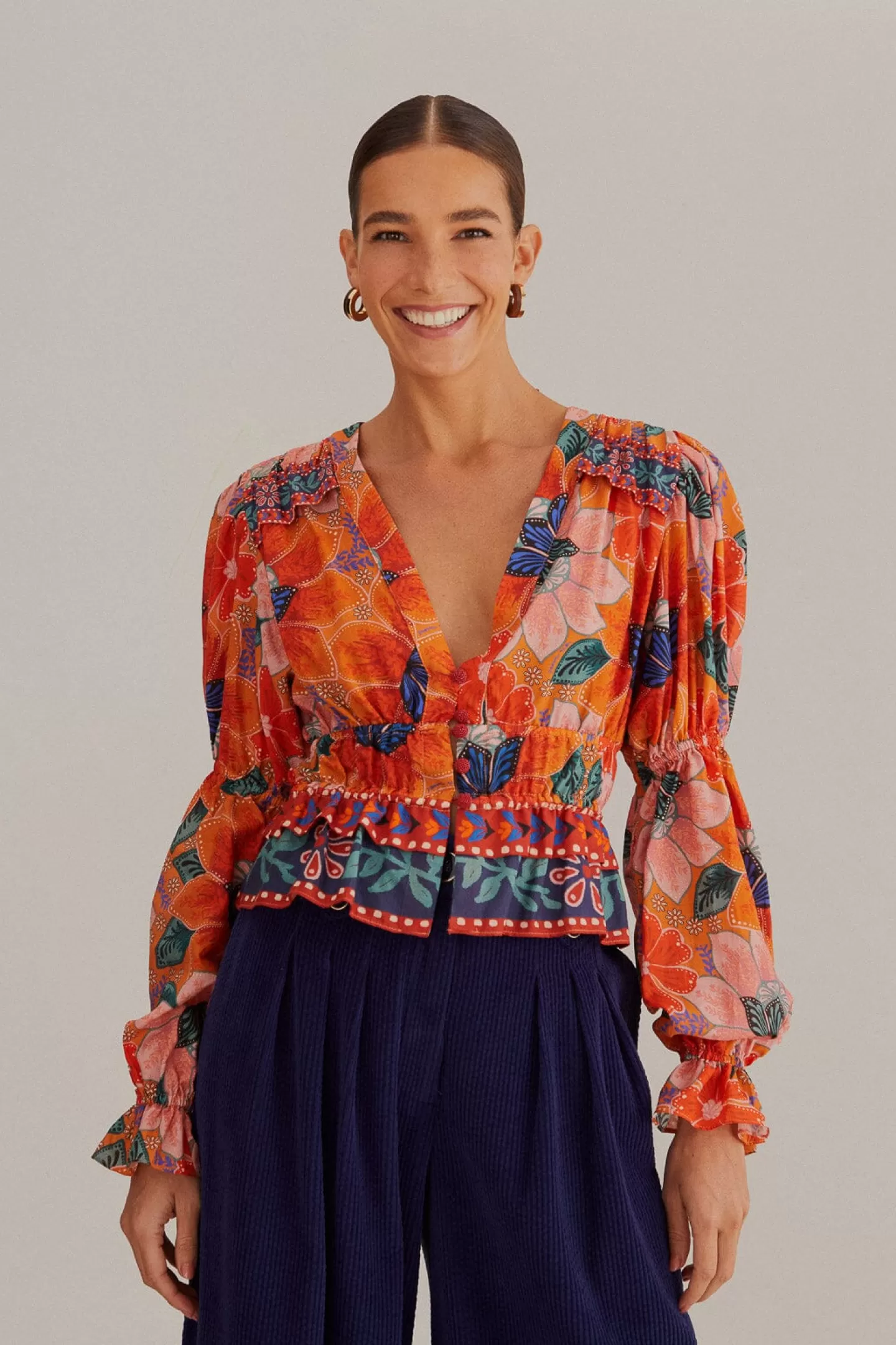 FARM Rio  ORANGE MARIAS FLORAL LONG SLEEVE BLOUSE