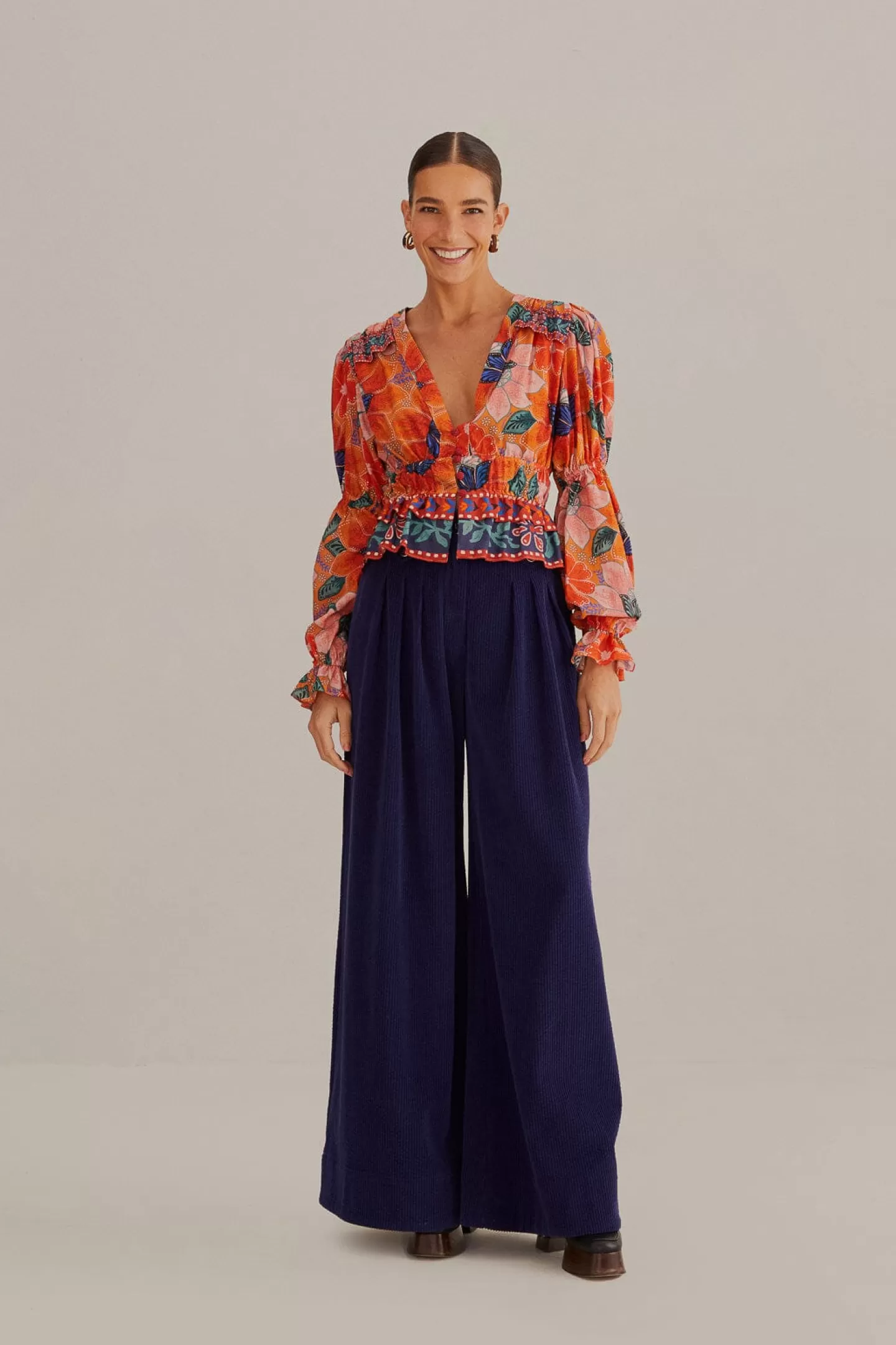 FARM Rio  ORANGE MARIAS FLORAL LONG SLEEVE BLOUSE