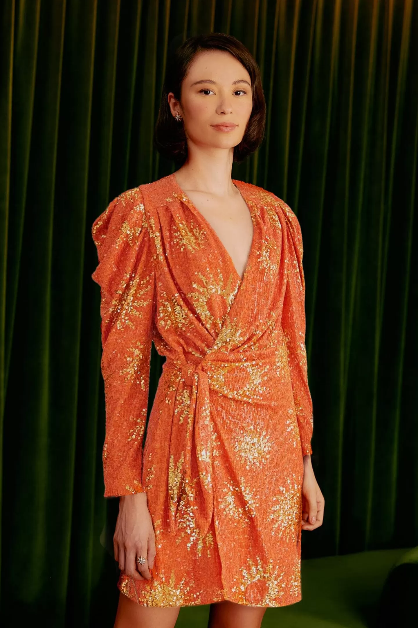 FARM Rio  ORANGE SUNNY MOOD SEQUIN LONG SLEEVE MINI DRESS