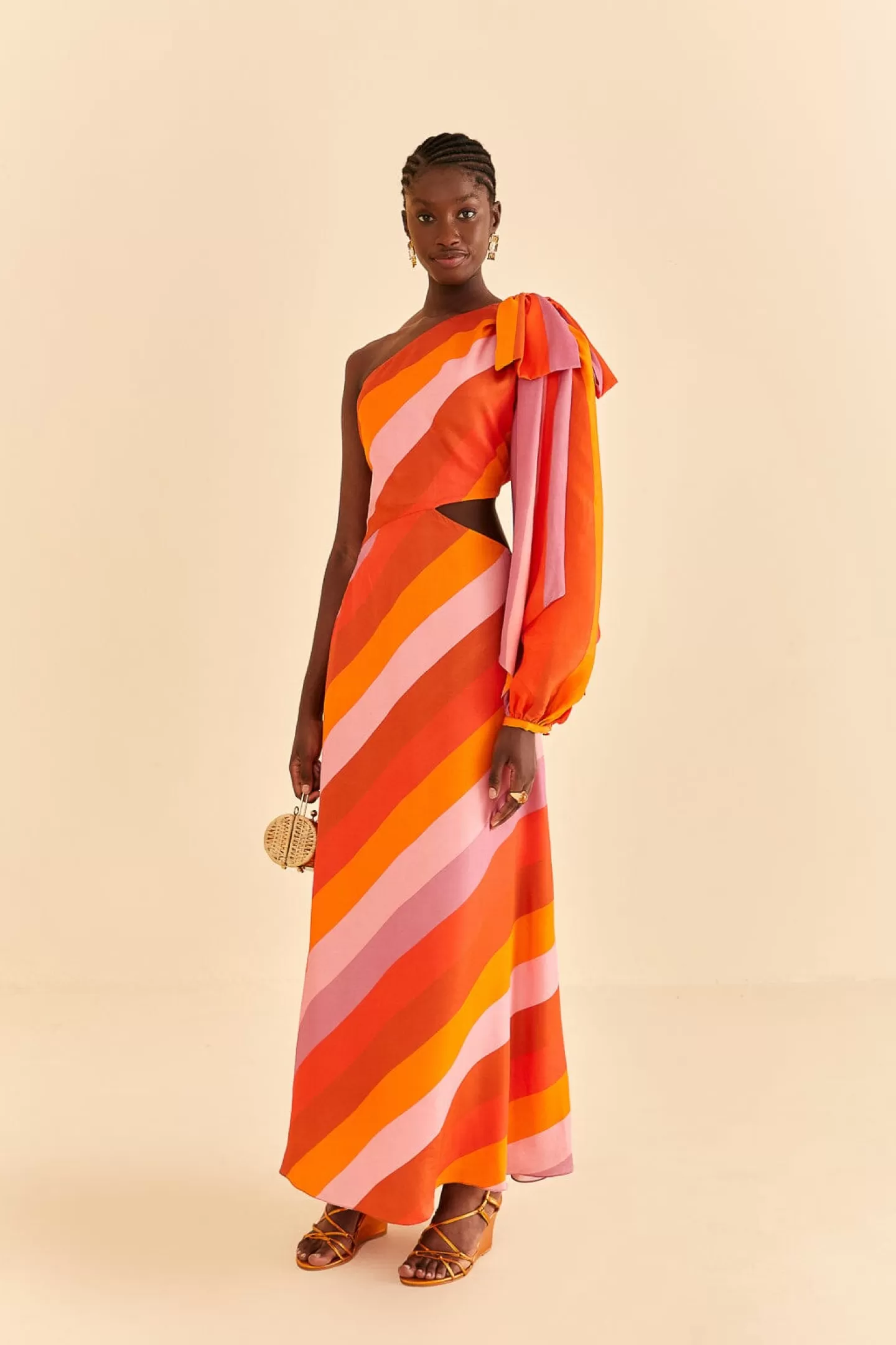 FARM Rio  PARTY STRIPES MULTICOLOR ONE SHOULDER MAXI DRESS