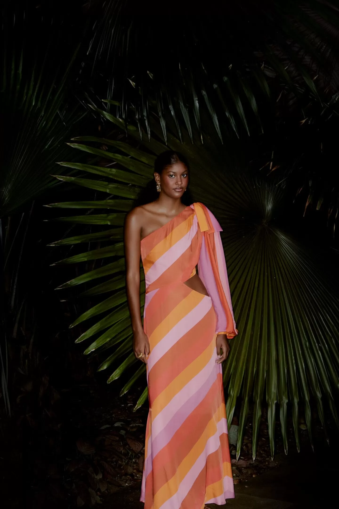 FARM Rio  PARTY STRIPES MULTICOLOR ONE SHOULDER MAXI DRESS