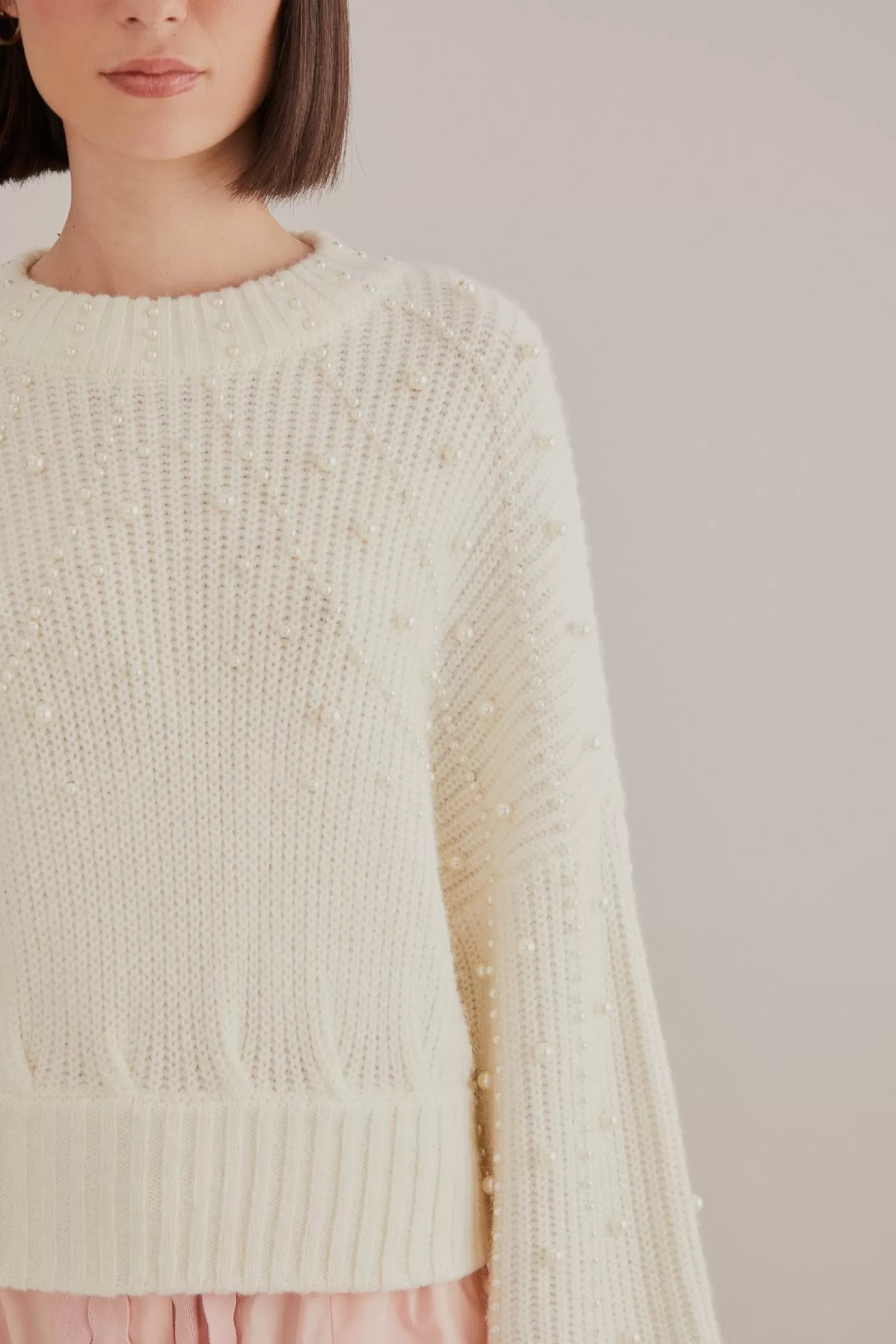 FARM Rio  PEARL EMBROIDERED BUBBLE SWEATER