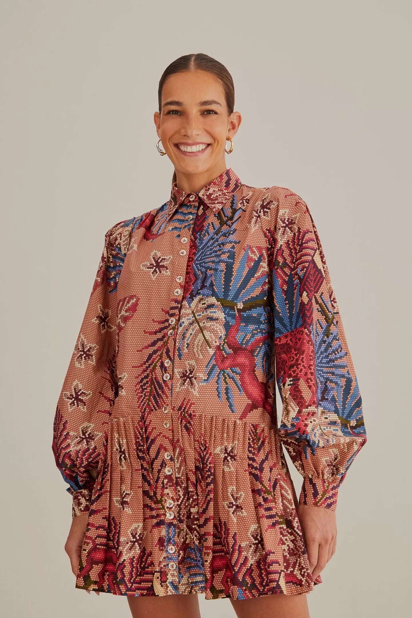 FARM Rio  PINK BEADED FOREST LONG SLEEVE MINI DRESS