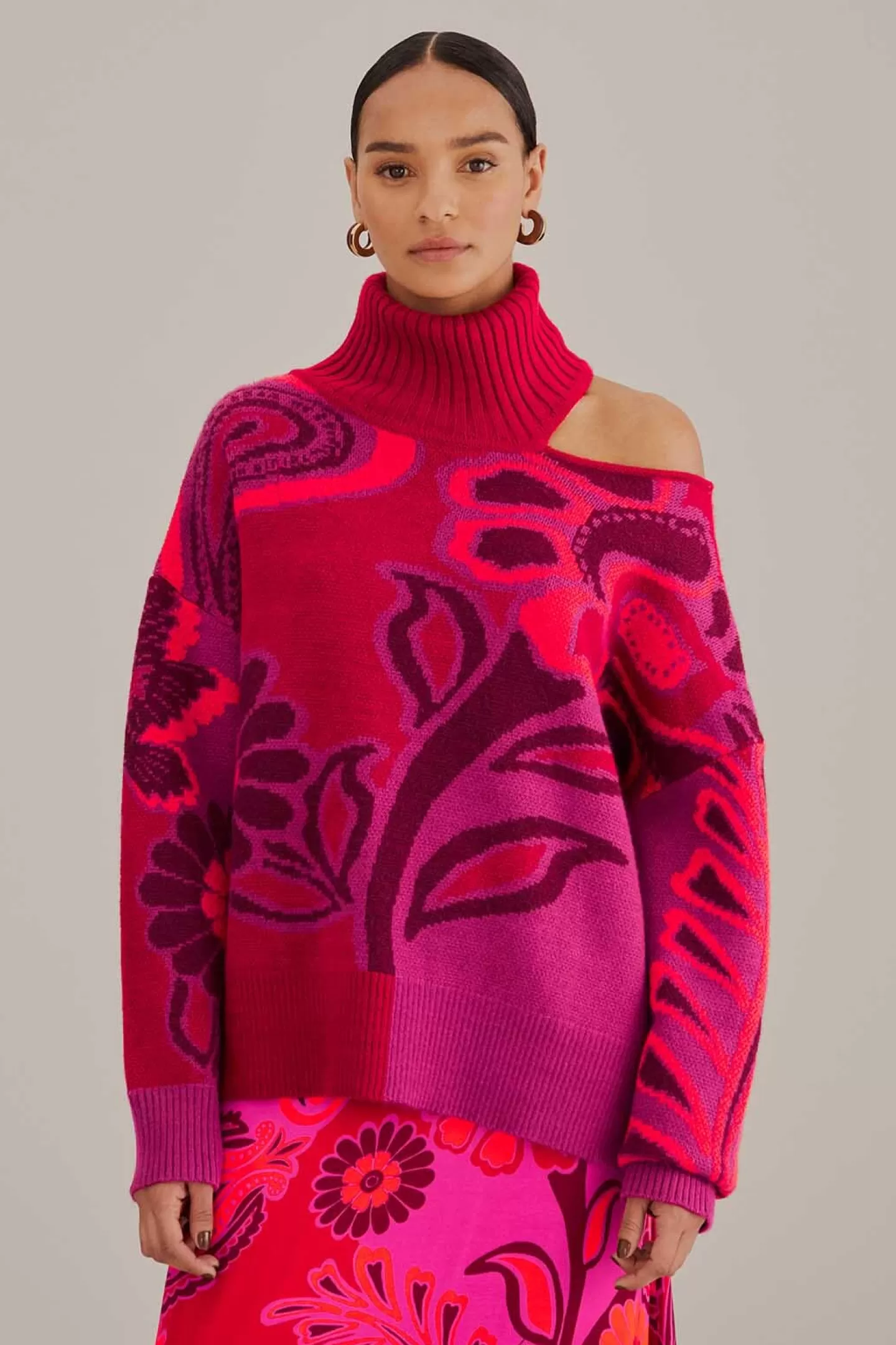FARM Rio  PINK BOLD FLORAL KNIT SWEATER