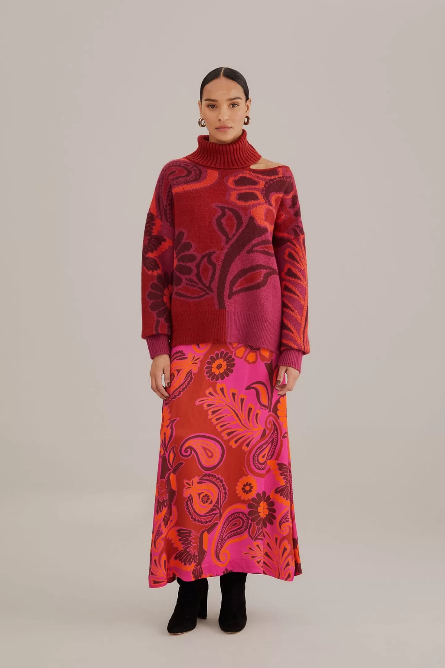 FARM Rio  PINK BOLD FLORAL SATIN MAXI SKIRT