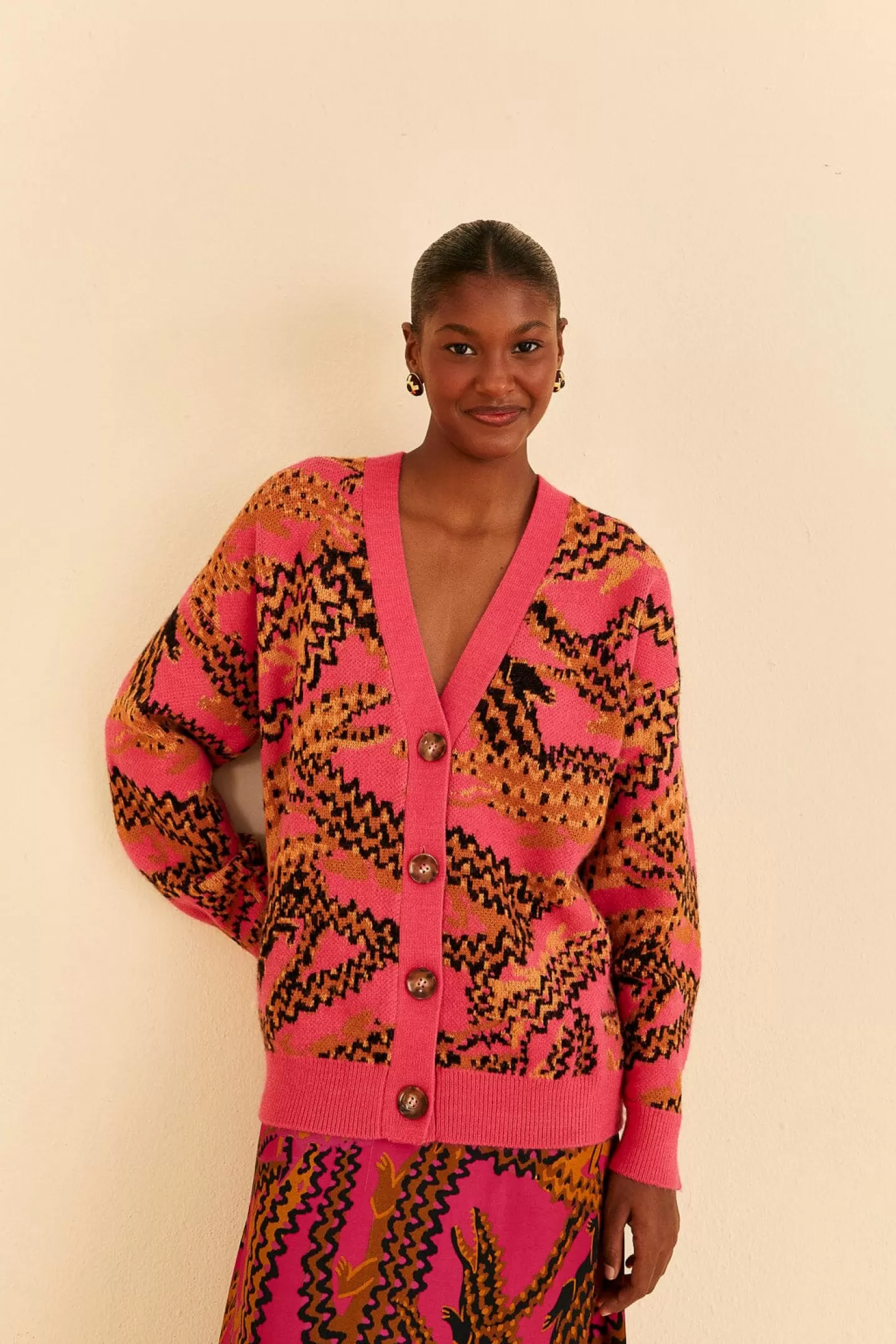 FARM Rio  PINK CROCO KNIT CARDIGAN