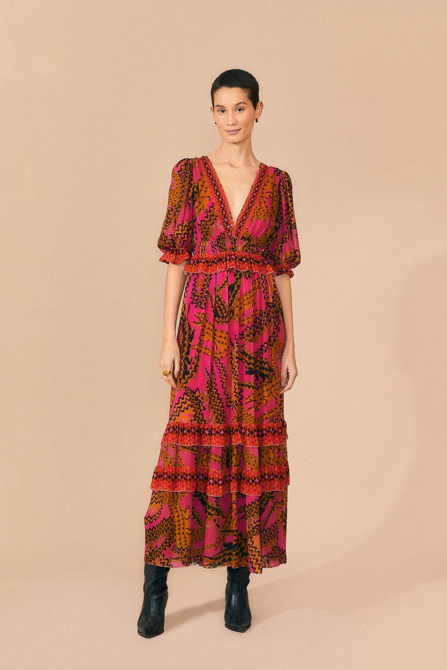 FARM Rio  PINK CROCO SHORT SLEEVE MAXI DRESS