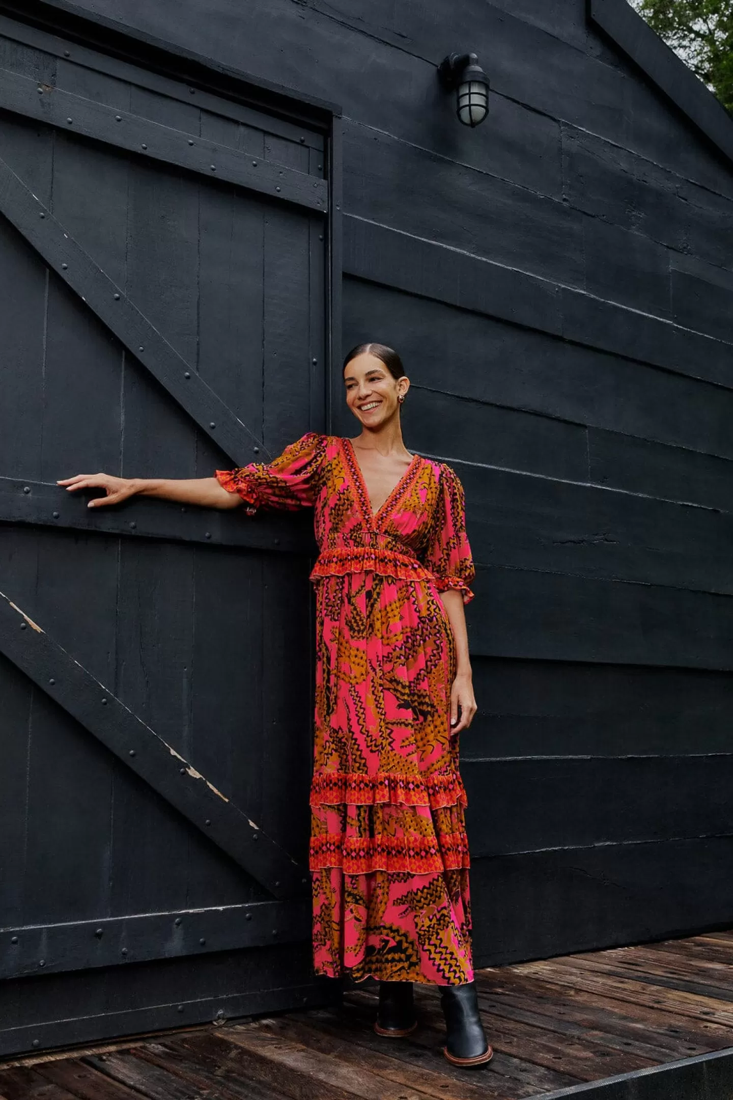FARM Rio  PINK CROCO SHORT SLEEVE MAXI DRESS