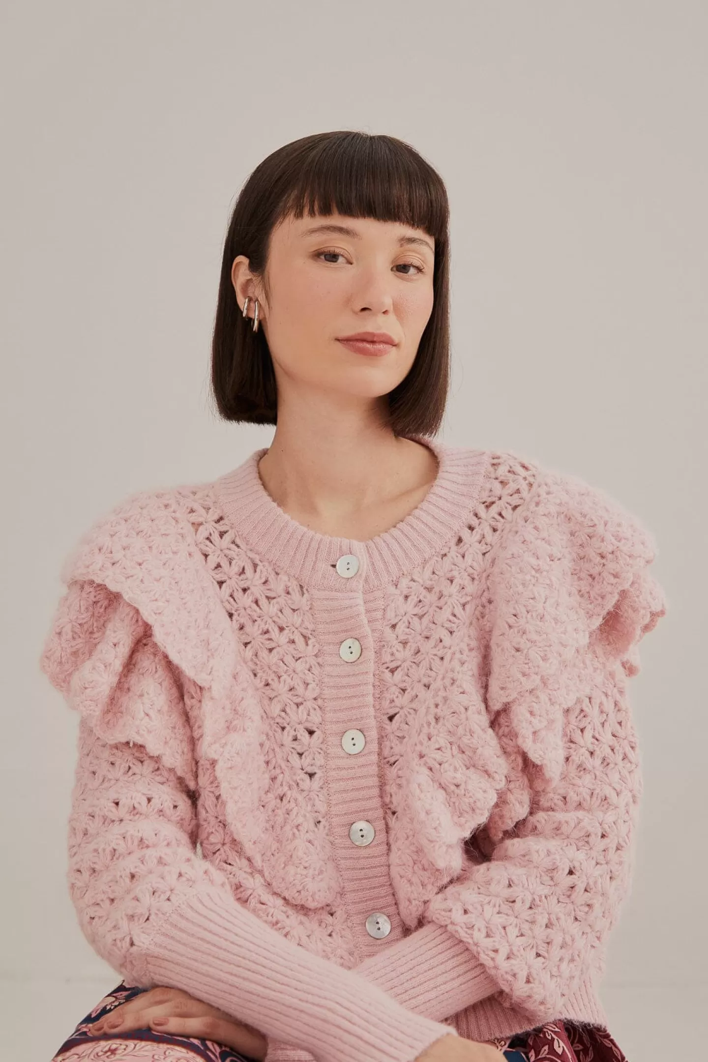 FARM Rio  PINK FLOWER TEXTURE KNIT CARDIGAN