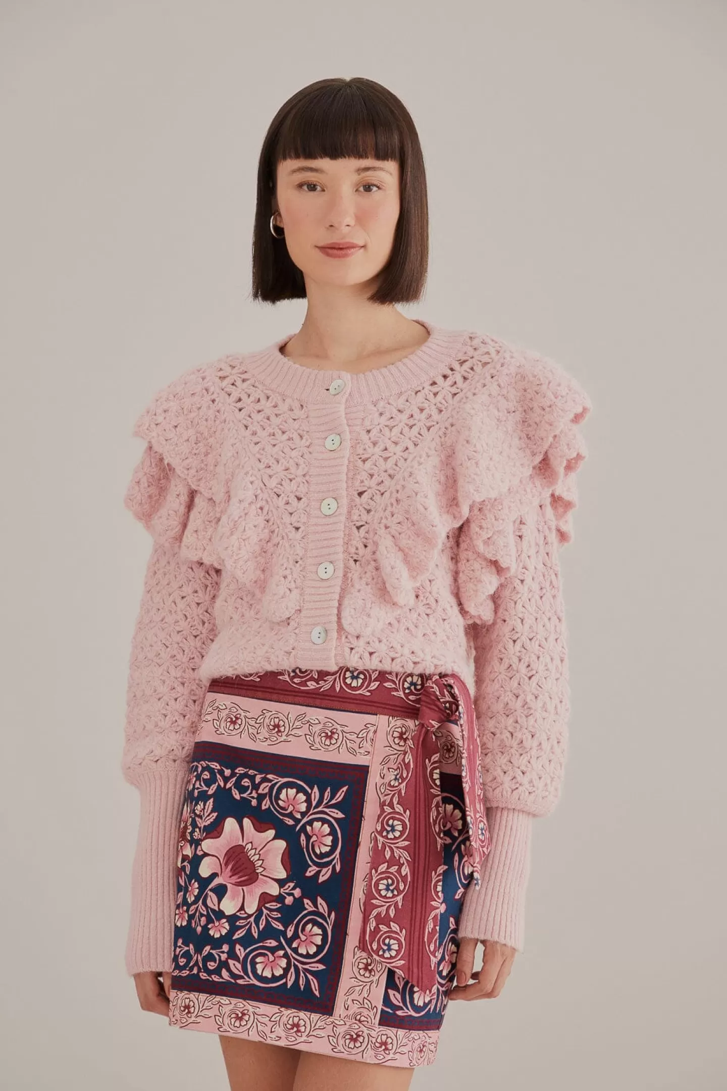 FARM Rio  PINK FLOWER TEXTURE KNIT CARDIGAN