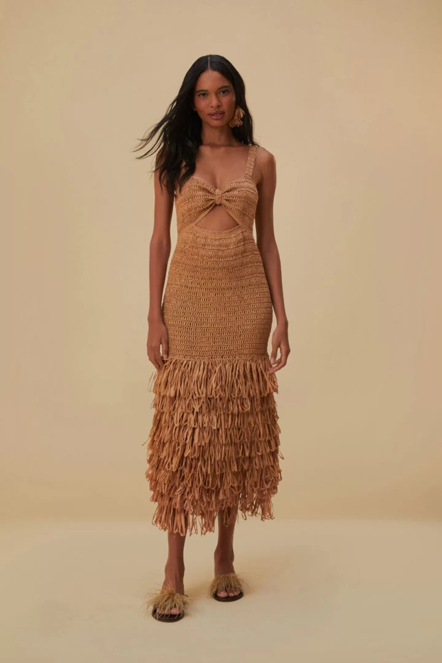 FARM Rio  RAFFIA CUT-OUT MIDI DRESS