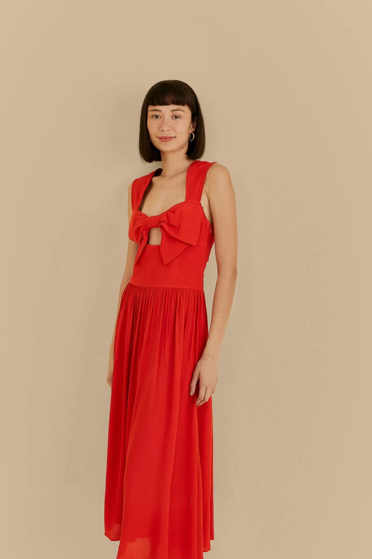 FARM Rio  RED BOW SLEEVELESS MIDI DRESS
