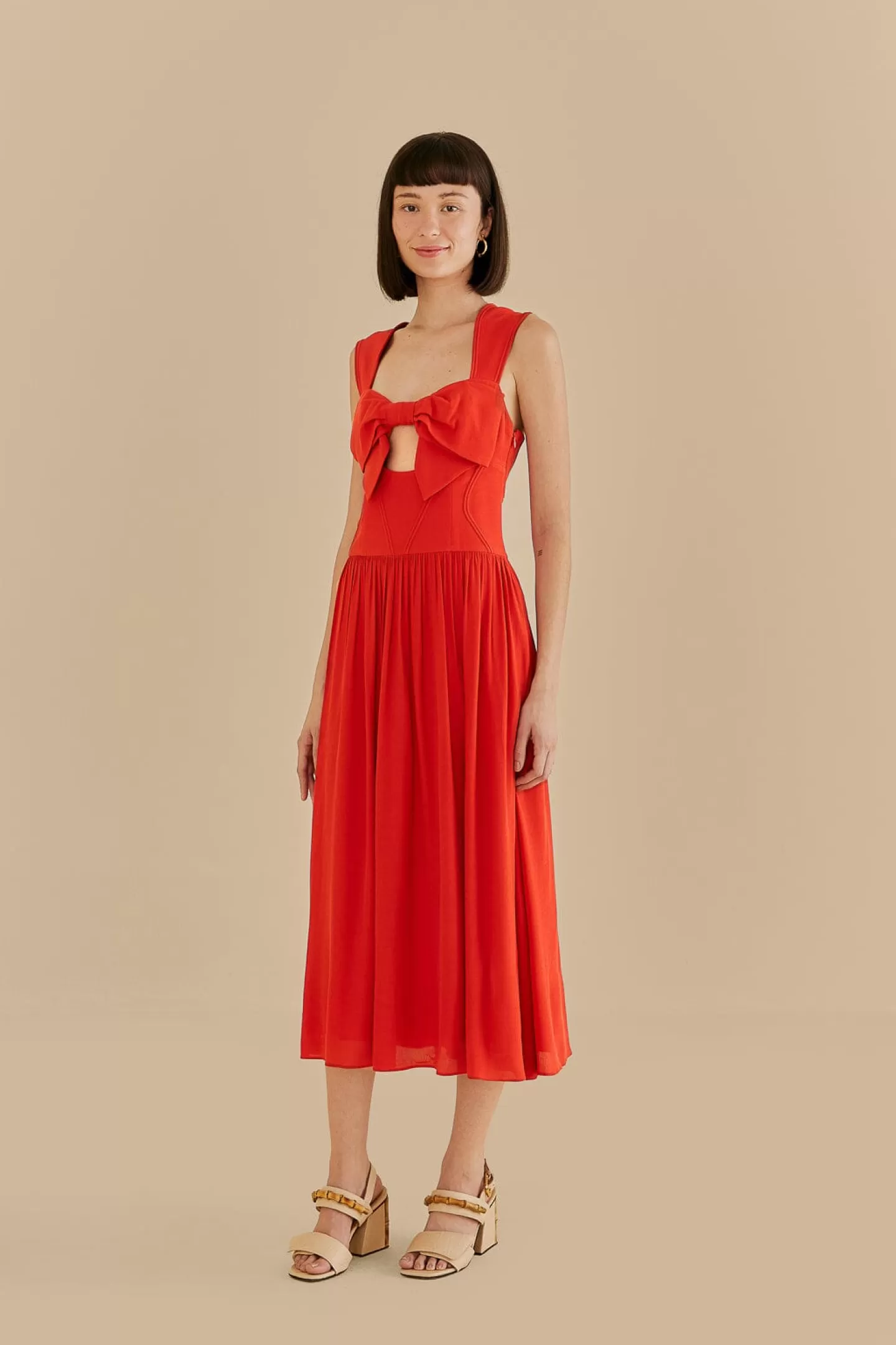 FARM Rio  RED BOW SLEEVELESS MIDI DRESS