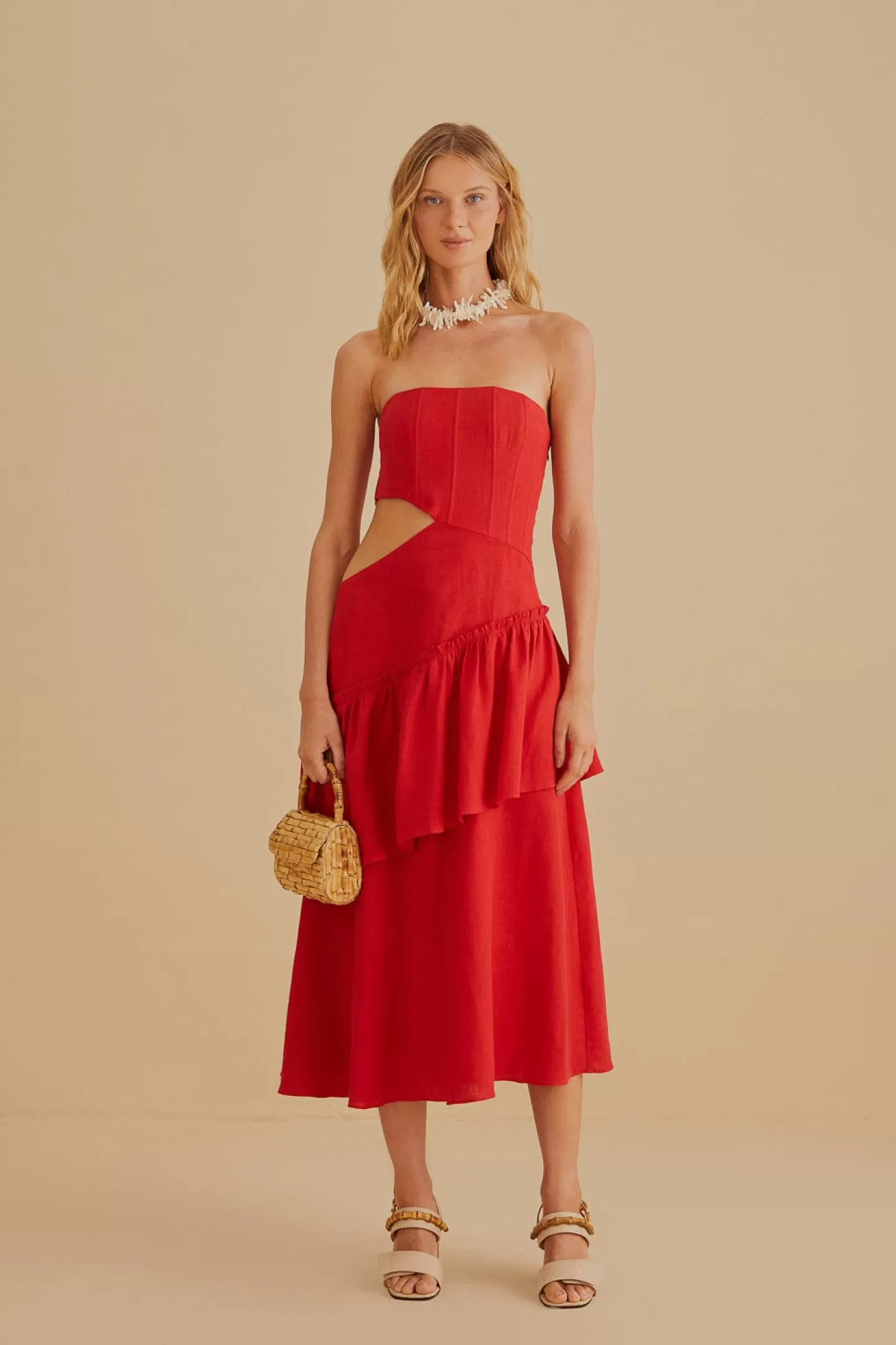FARM Rio  RED CUT OUT STRAPLESS MIDI DRESS