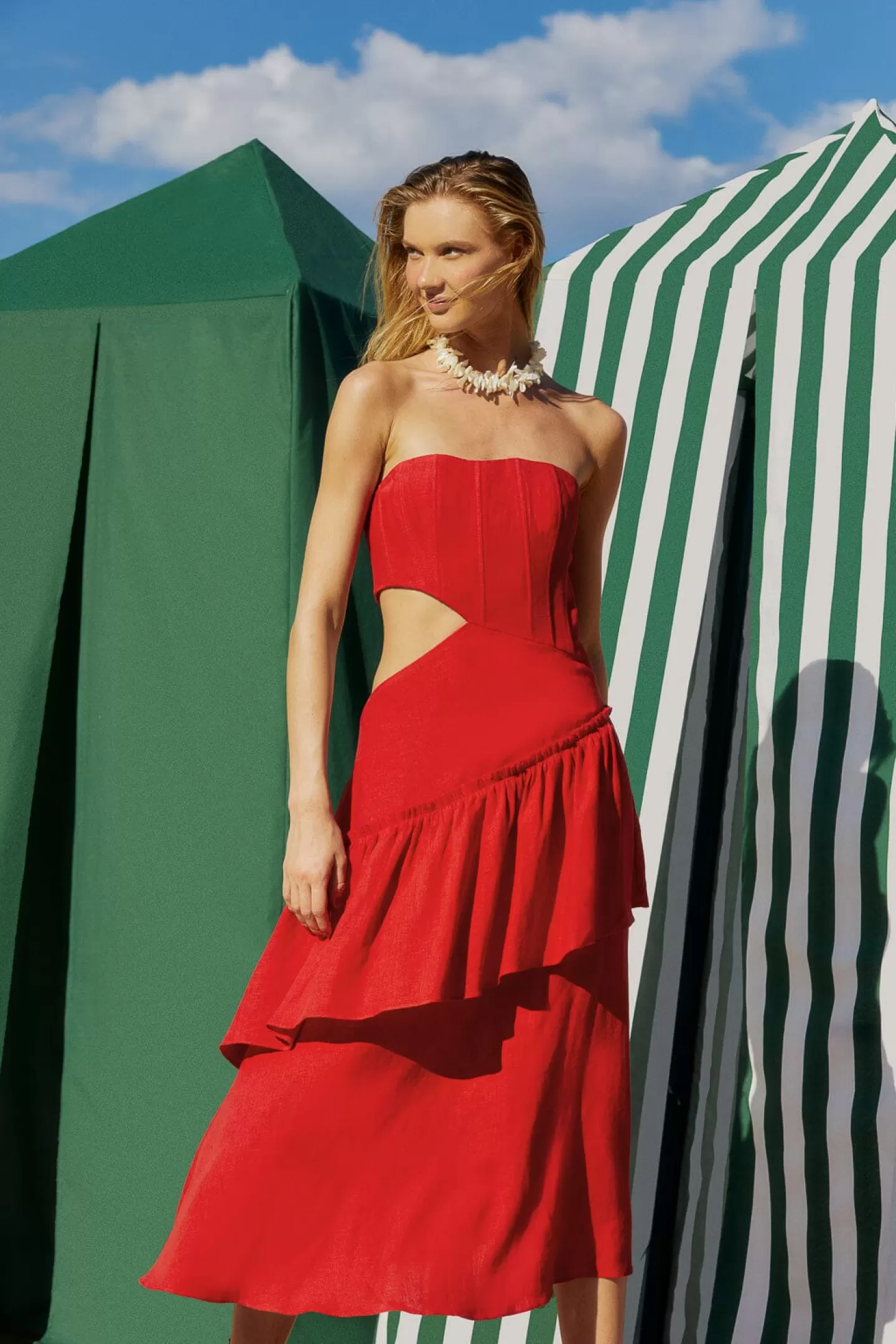 FARM Rio  RED CUT OUT STRAPLESS MIDI DRESS