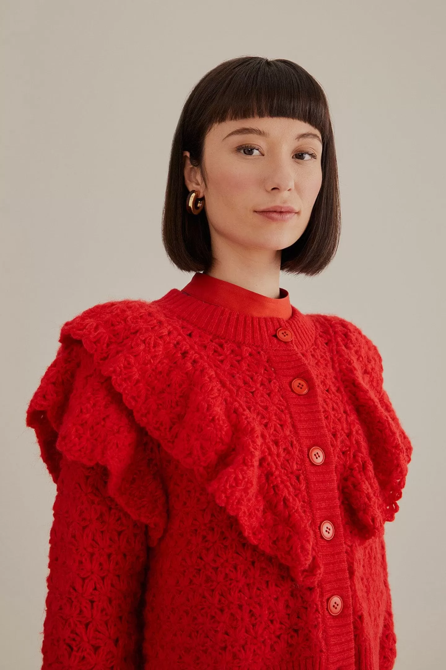 FARM Rio  RED FLOWER TEXTURE KNIT CARDIGAN