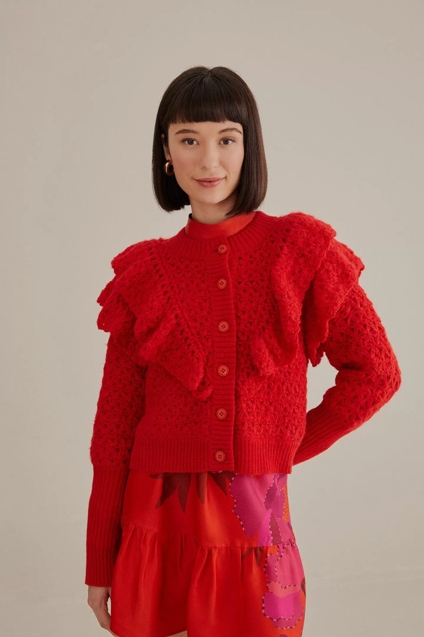FARM Rio  RED FLOWER TEXTURE KNIT CARDIGAN
