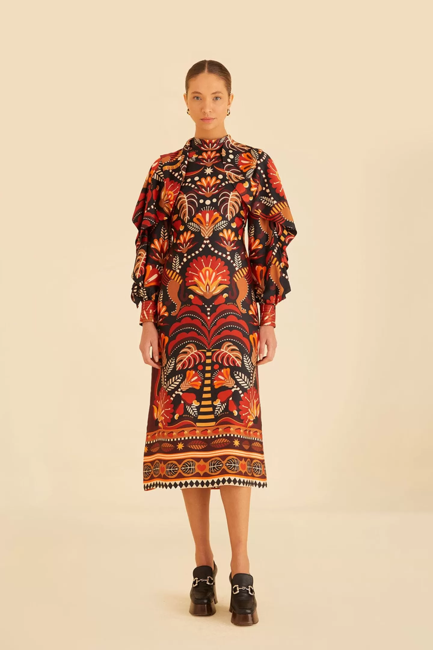 FARM Rio  RED NATURE BEAUTY SCARF BACKLESS MIDI DRESS