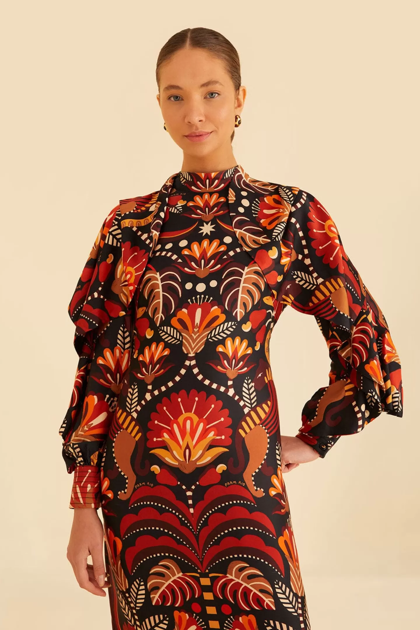 FARM Rio  RED NATURE BEAUTY SCARF BACKLESS MIDI DRESS