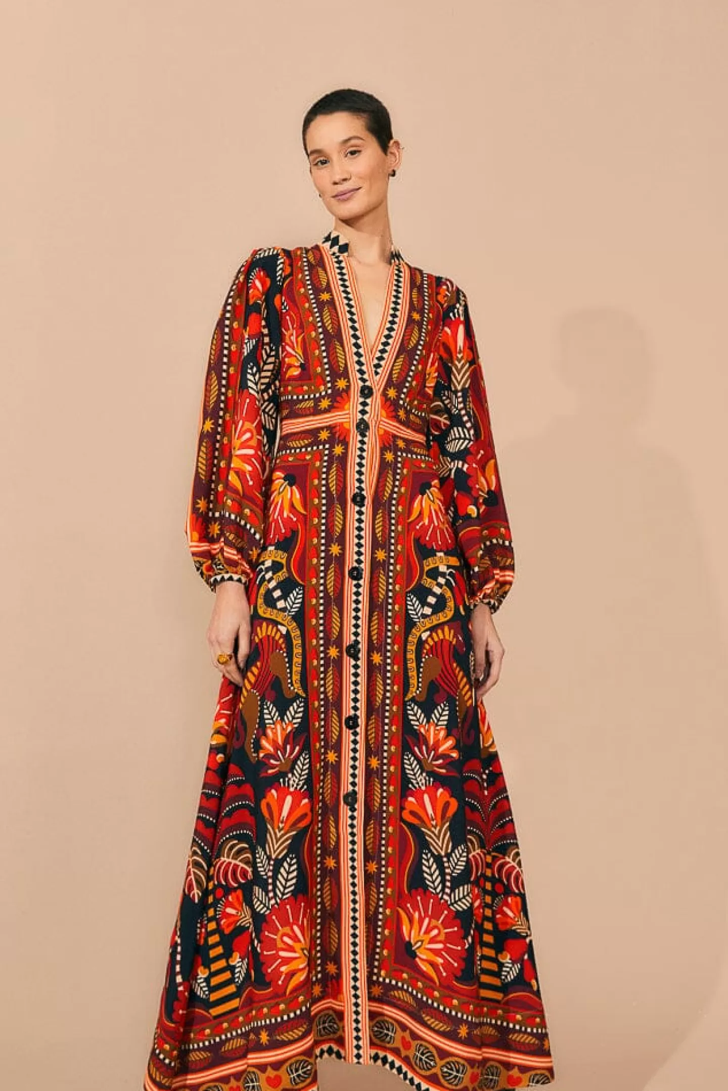 FARM Rio  RED NATURE BEAUTY SCARF LONG SLEEVE MAXI DRESS
