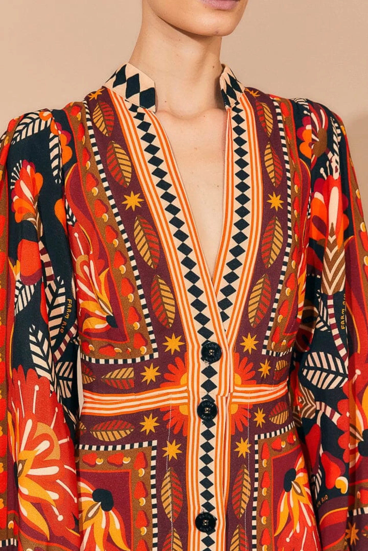 FARM Rio  RED NATURE BEAUTY SCARF LONG SLEEVE MAXI DRESS