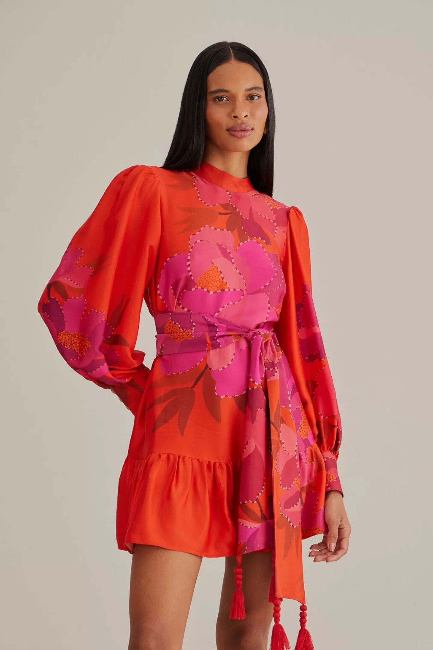 FARM Rio  RED PEONY LONG SLEEVE MINI DRESS