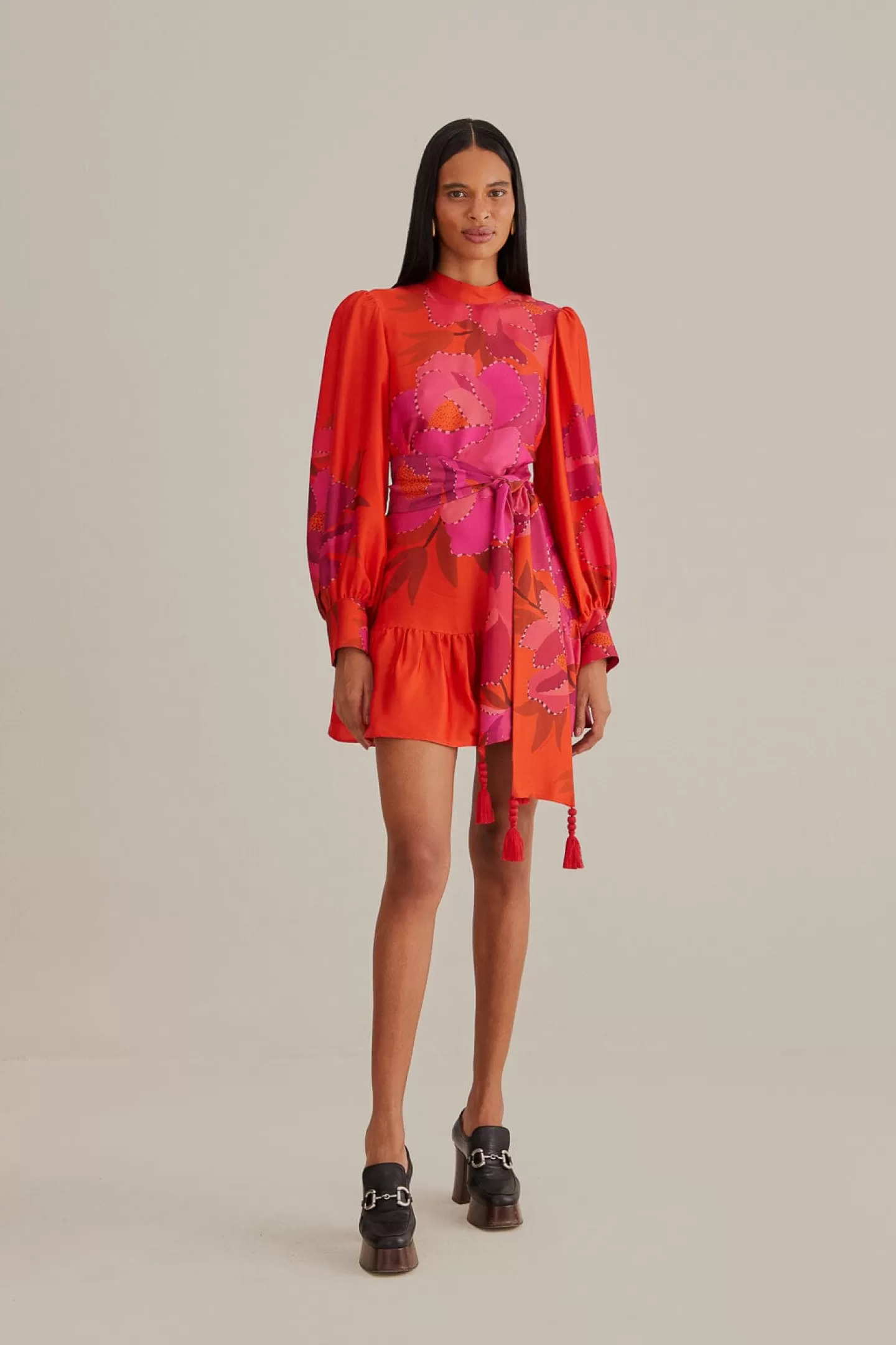 FARM Rio  RED PEONY LONG SLEEVE MINI DRESS