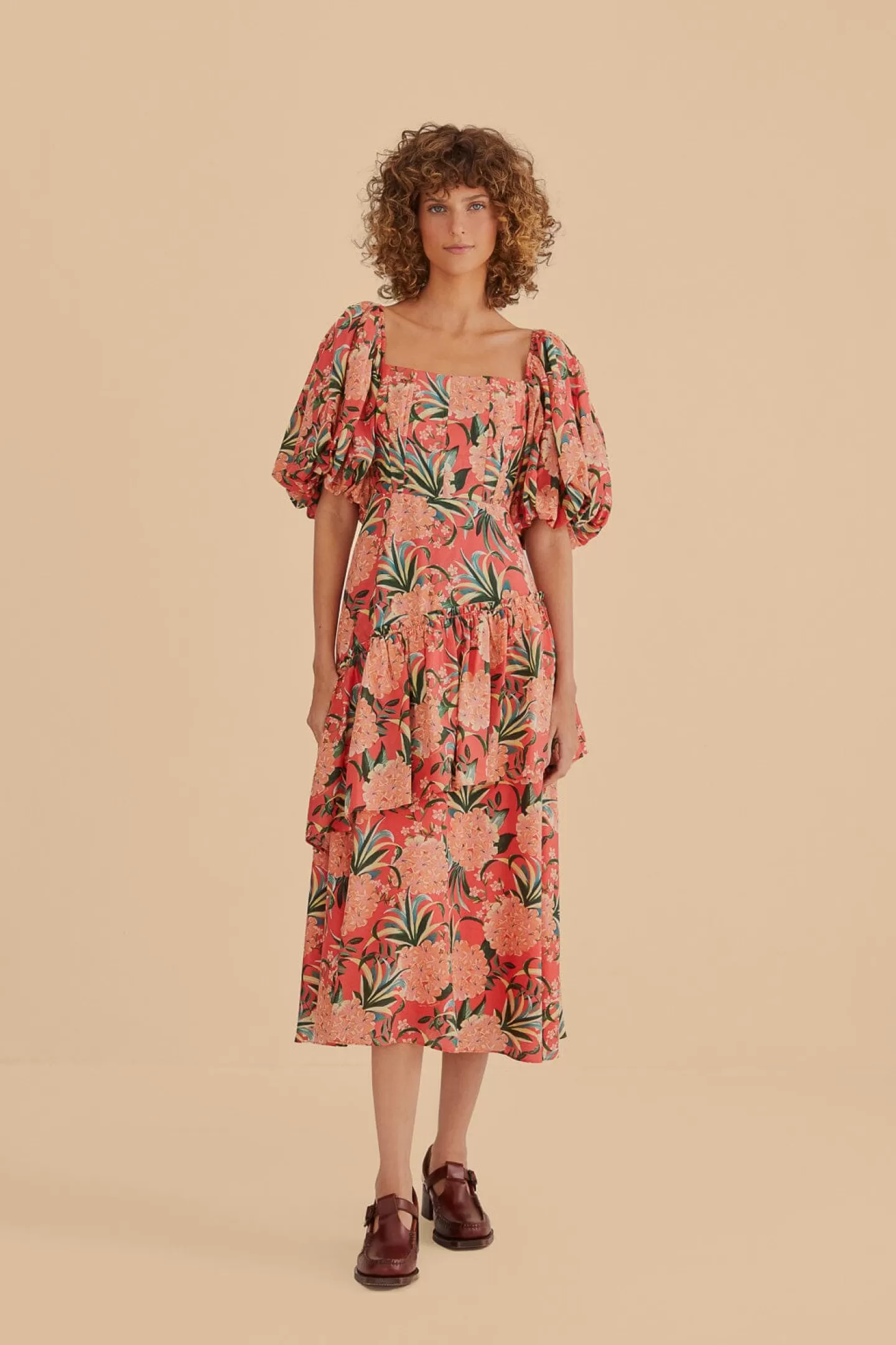 FARM Rio  RED PINEAPPLE BLOOM CUT OUT MIDI DRESS
