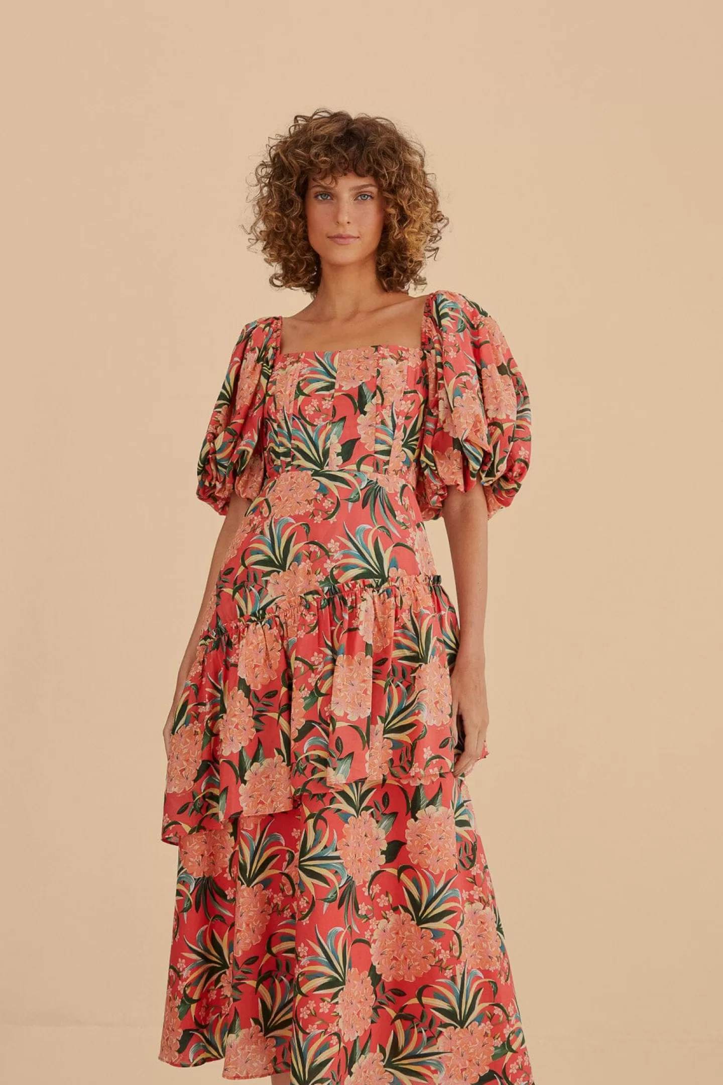 FARM Rio  RED PINEAPPLE BLOOM CUT OUT MIDI DRESS